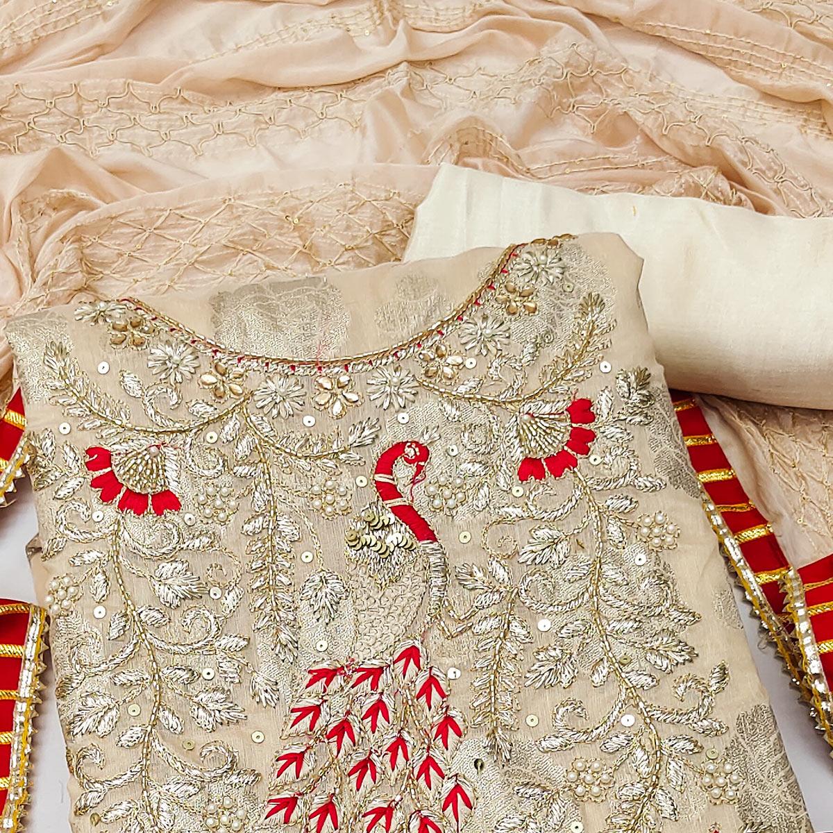 Beige Woven With Embellished Jacquard Dress Material - Peachmode