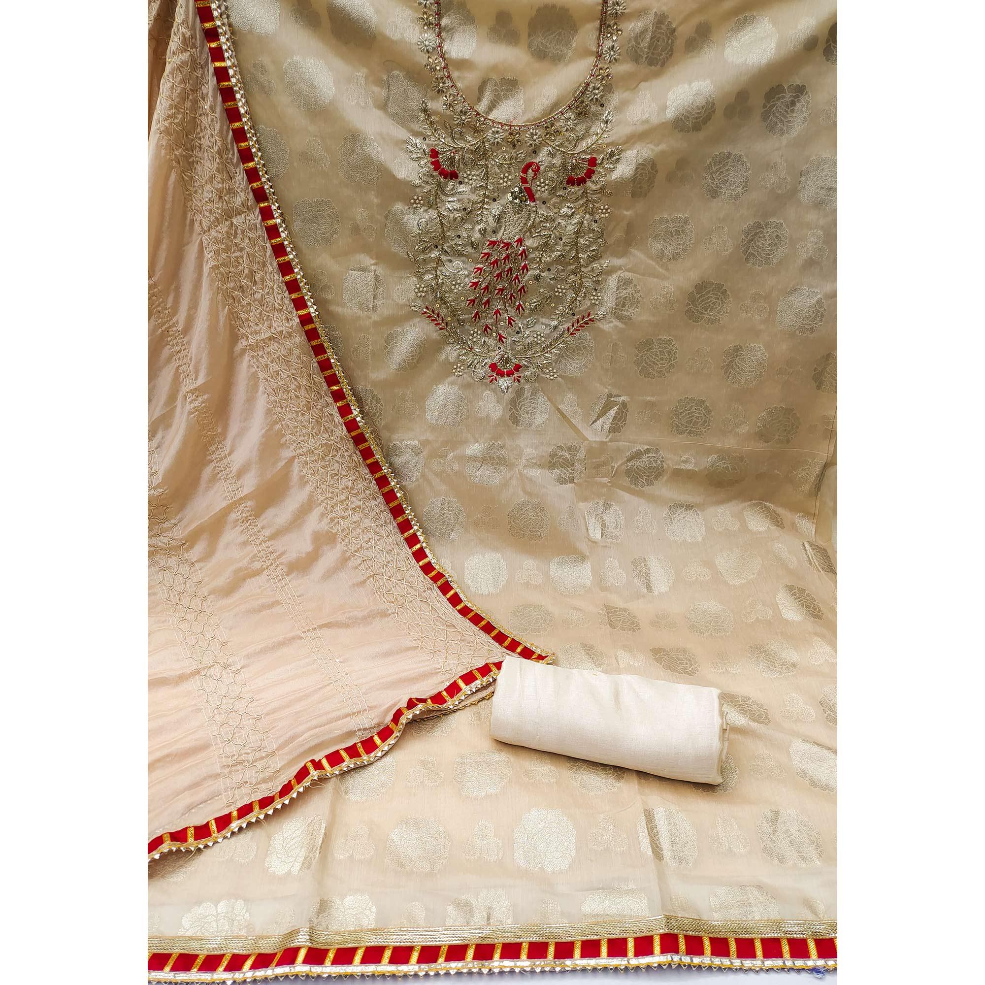 Beige Woven With Embellished Jacquard Dress Material - Peachmode