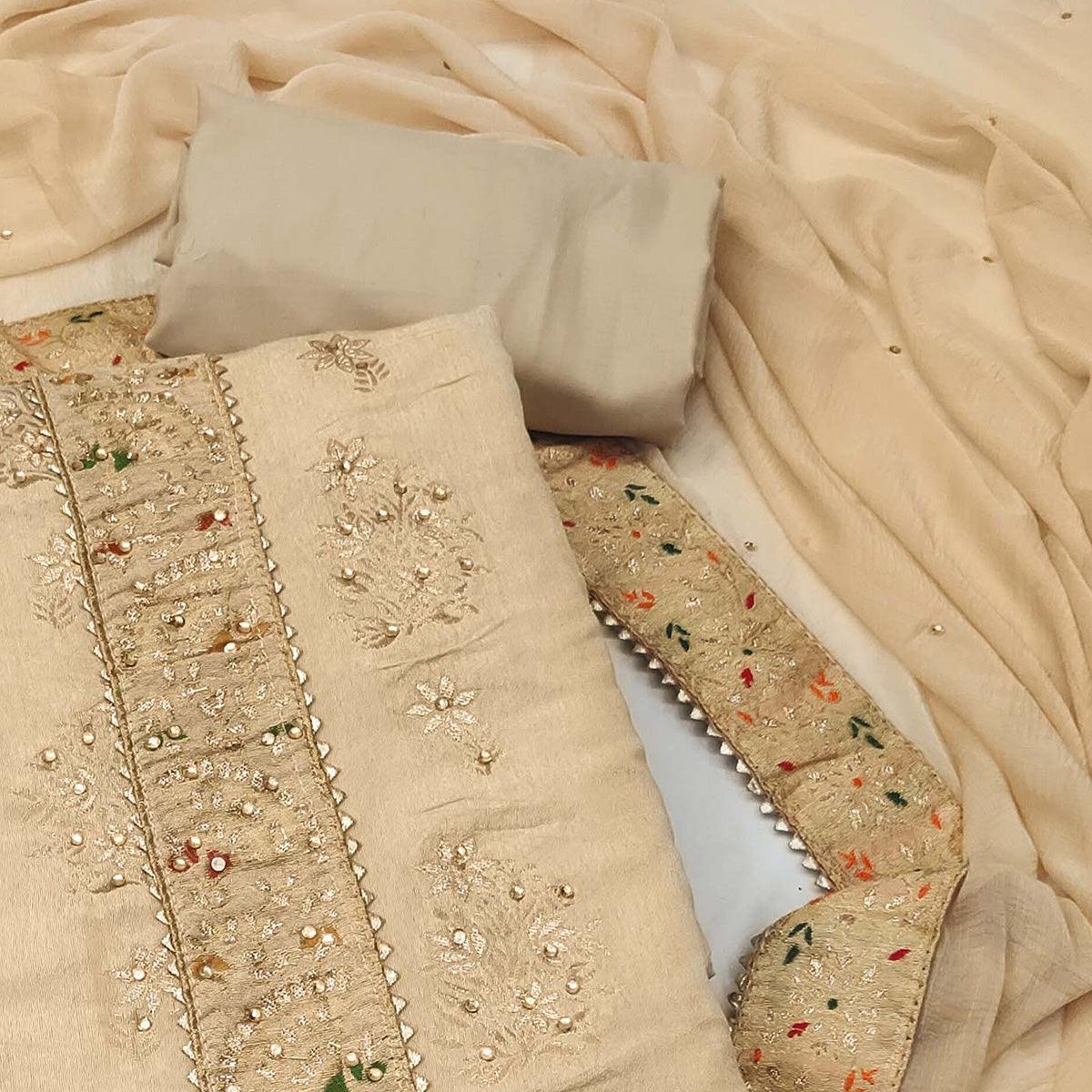 Beige Woven With Embroidered Jacquard Dress Material - Peachmode