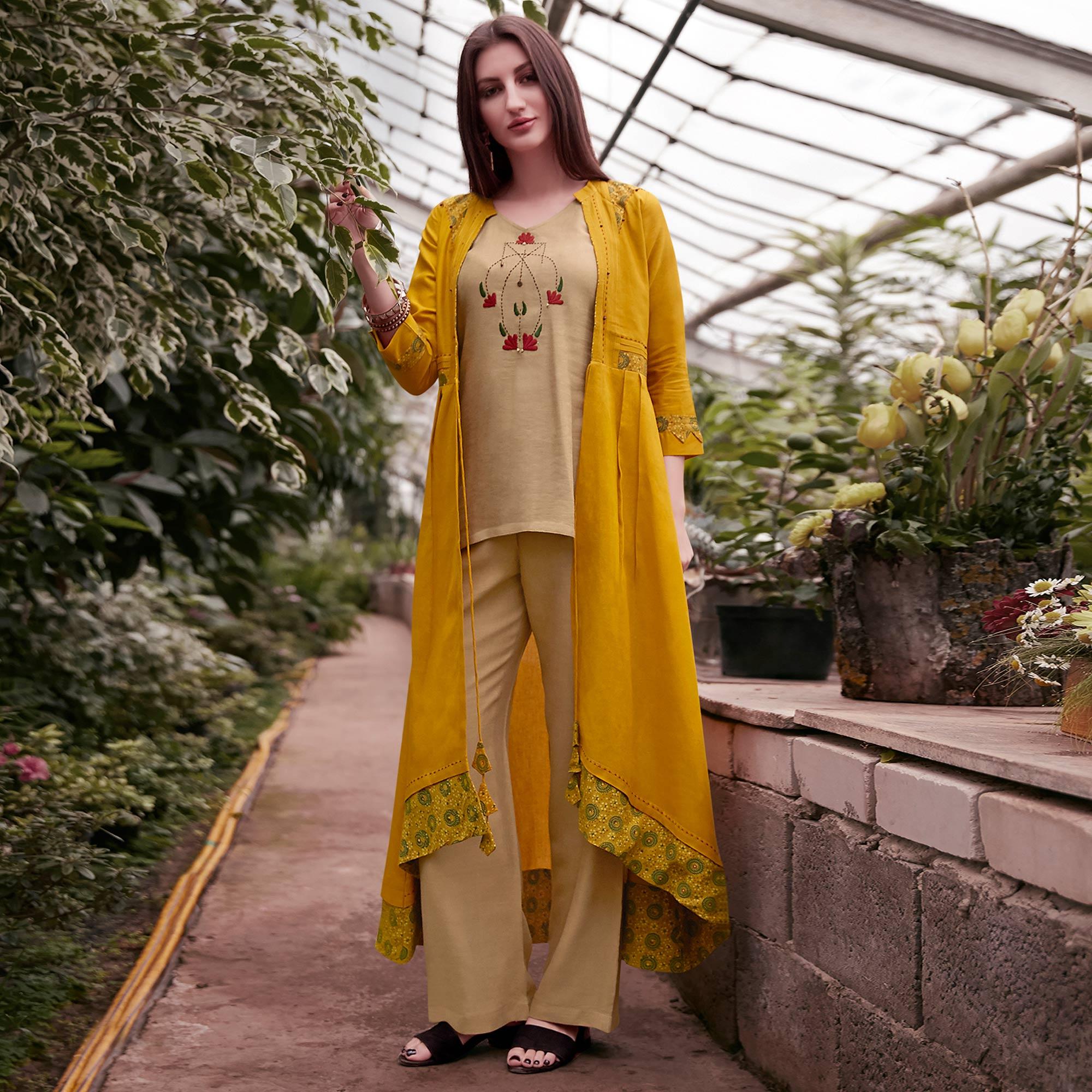 Beige-Yellow Partywear Embroidered Rayon Top-Bottom Set With Shrug - Peachmode