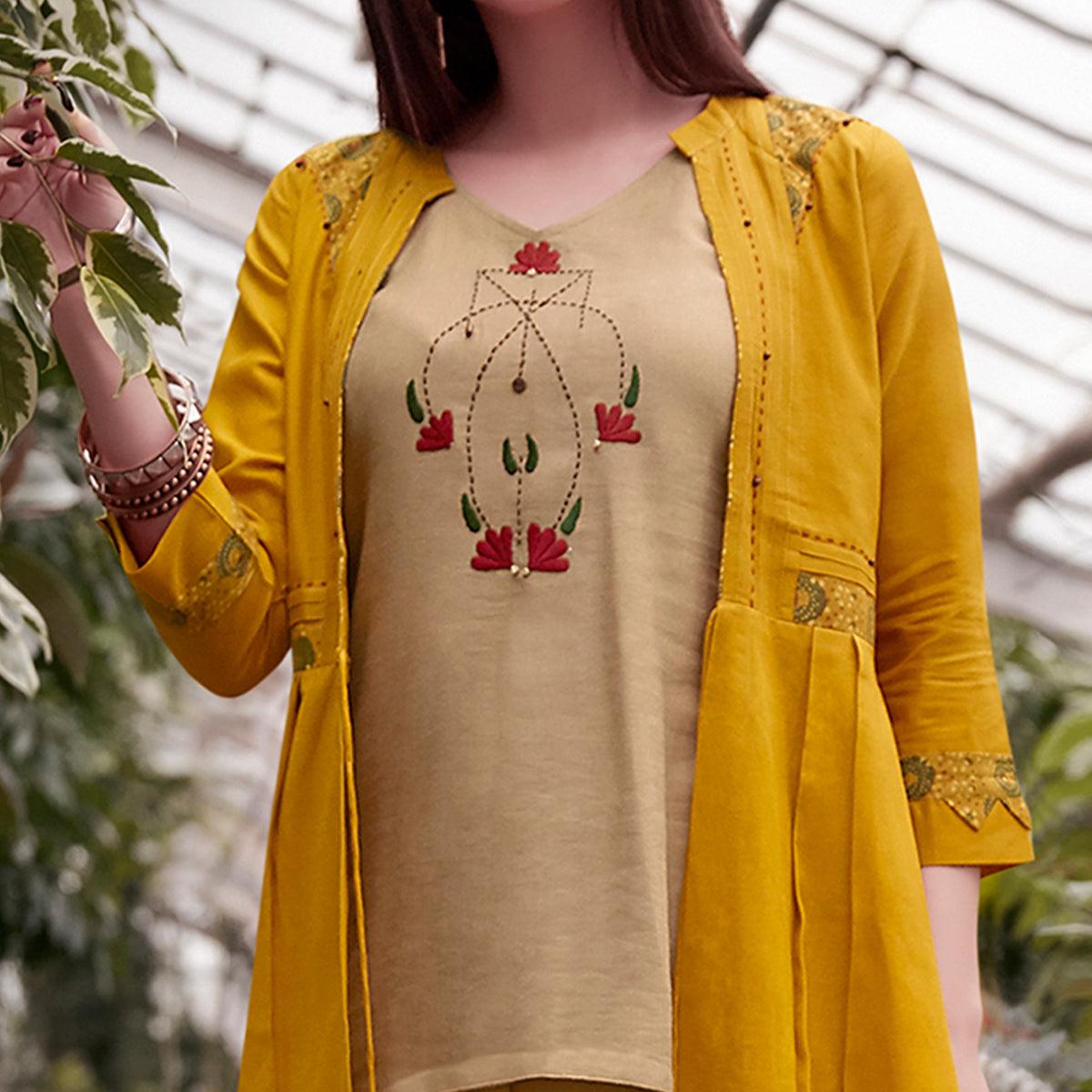 Beige-Yellow Partywear Embroidered Rayon Top-Bottom Set With Shrug - Peachmode