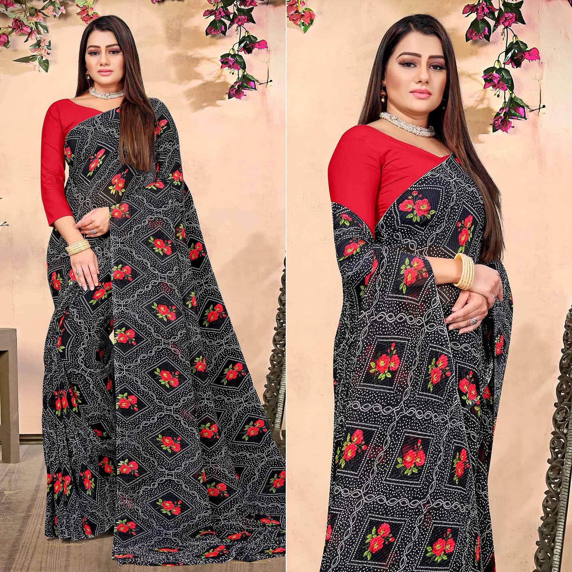 Black Bandhani Printed Georgette Saree - Peachmode