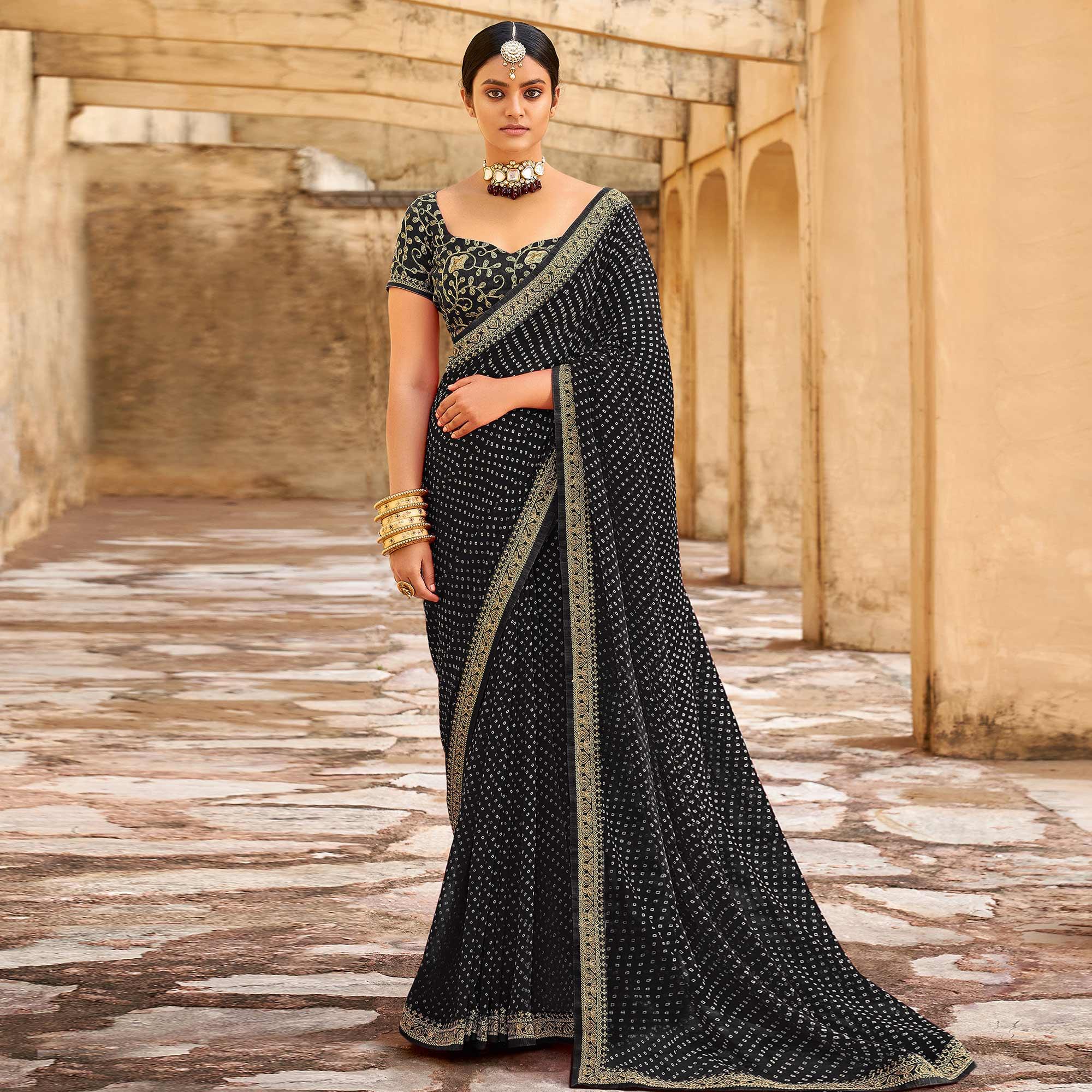 Black Bandhani Printed Georgette Saree - Peachmode