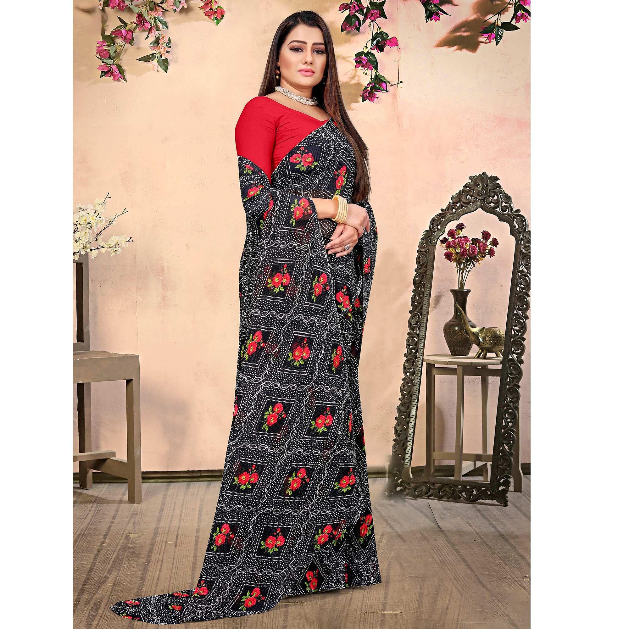 Black Bandhani Printed Georgette Saree - Peachmode