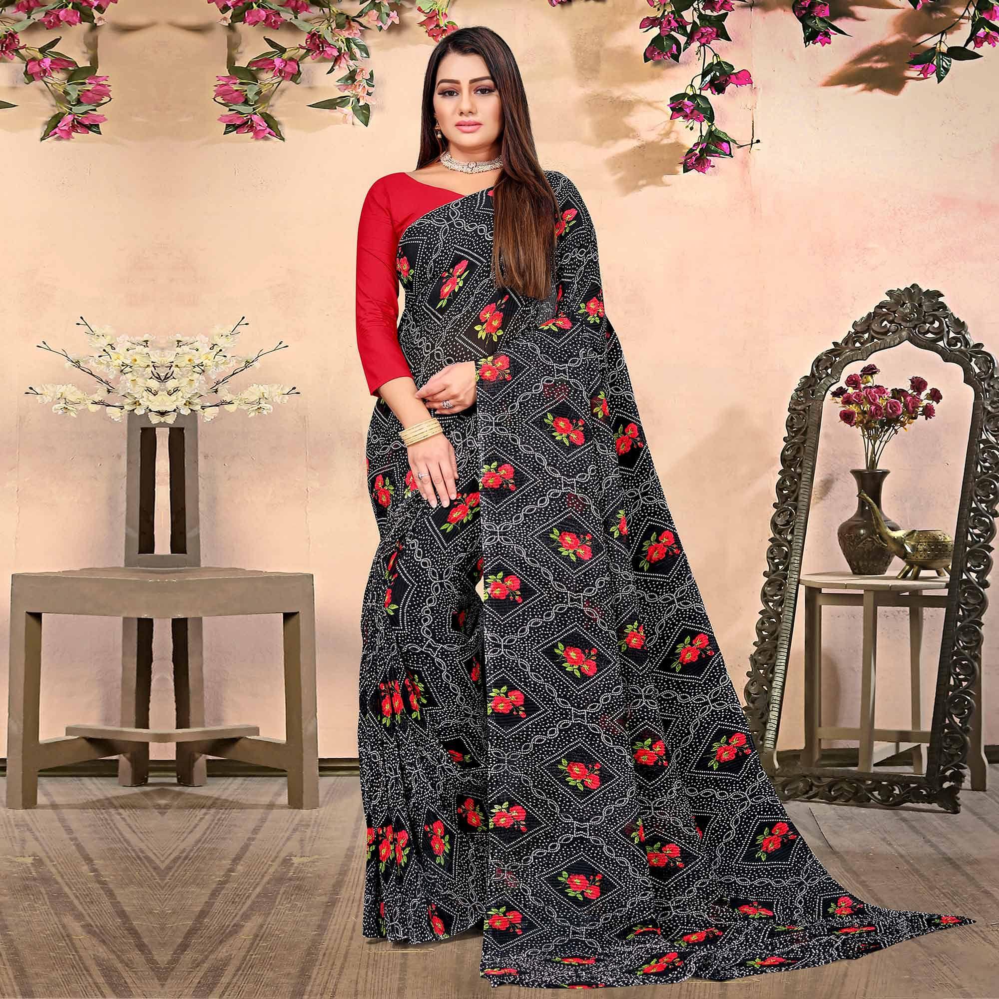 Black Bandhani Printed Georgette Saree - Peachmode