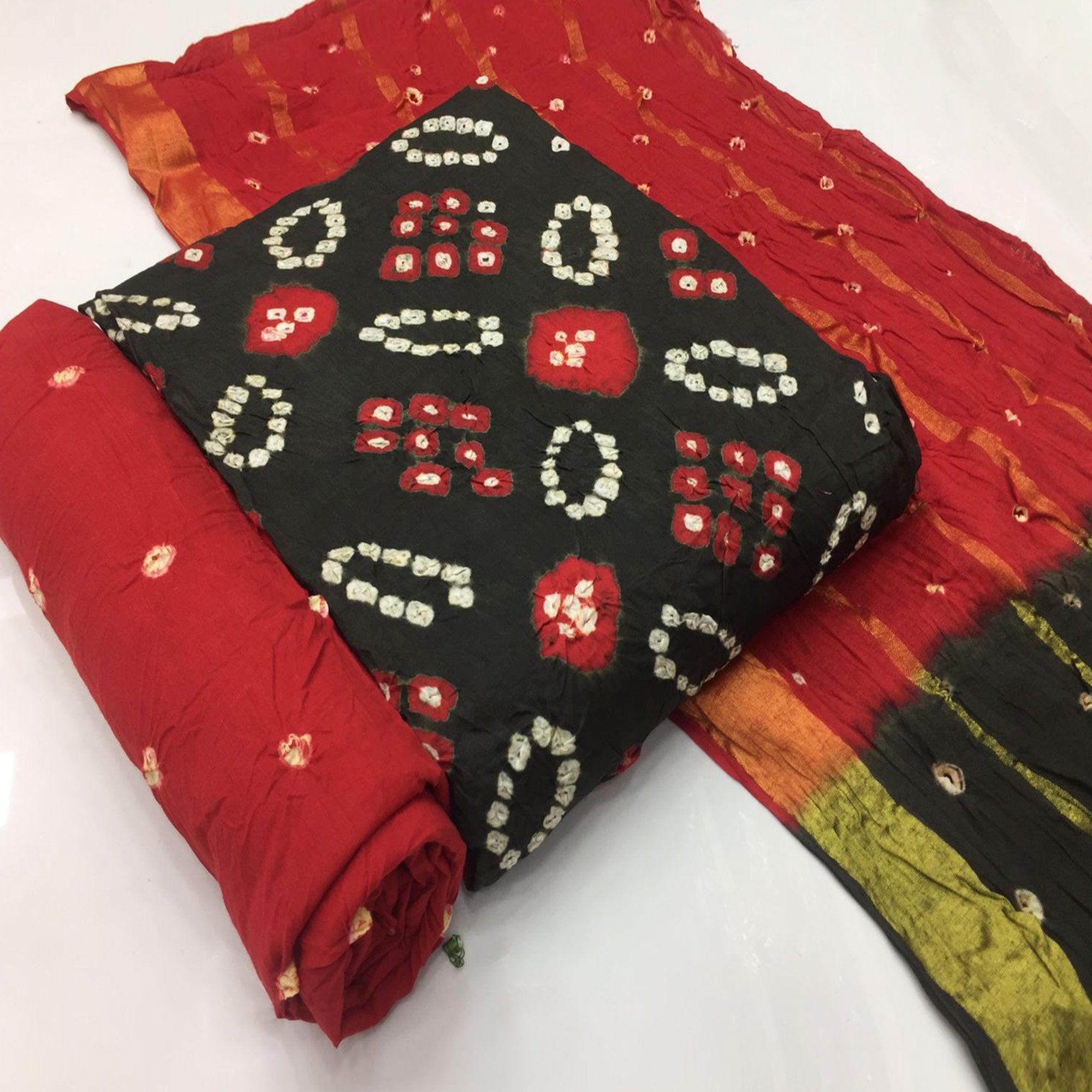 Black Bandhani Printed Pure Cotton Dress Material - Peachmode