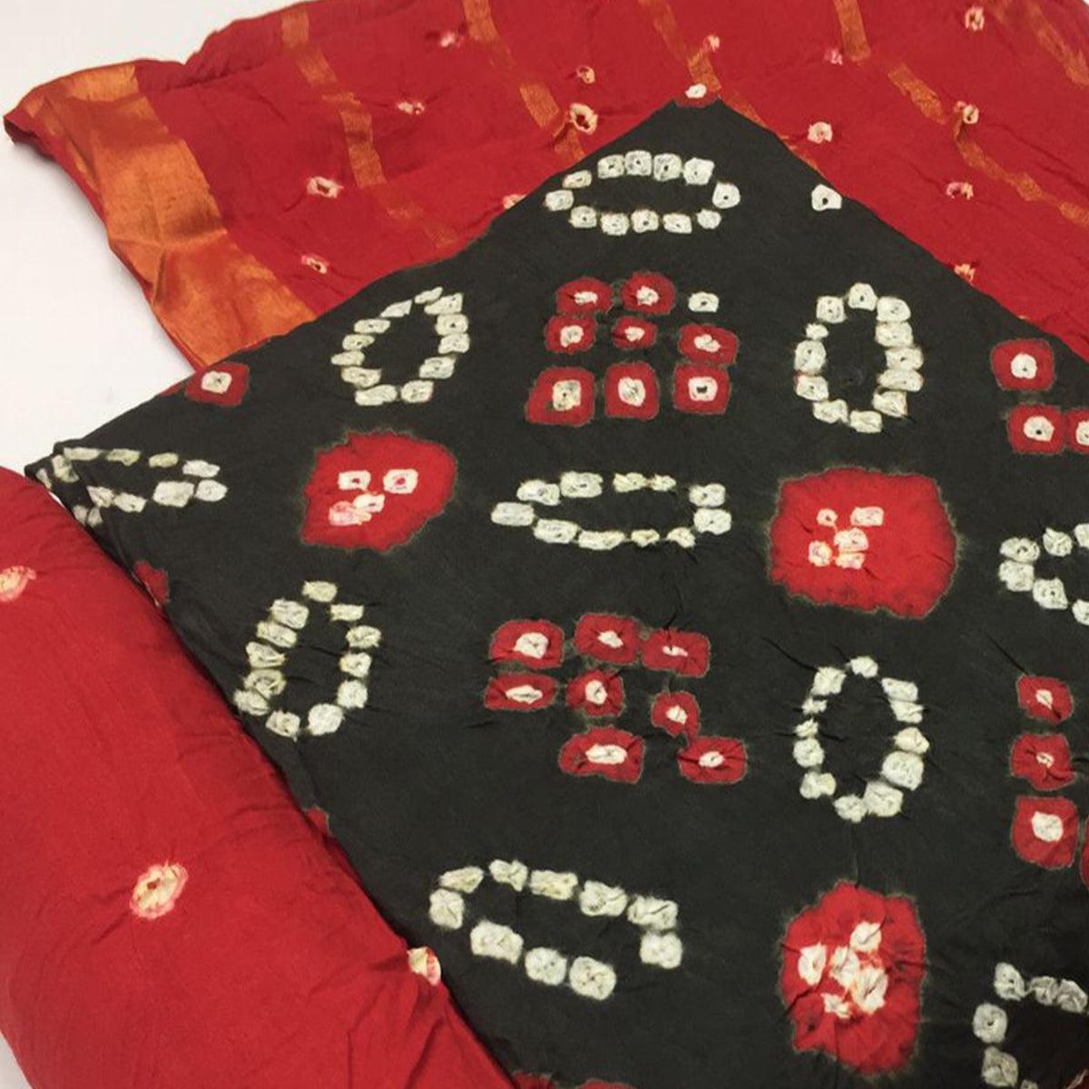 Black Bandhani Printed Pure Cotton Dress Material - Peachmode