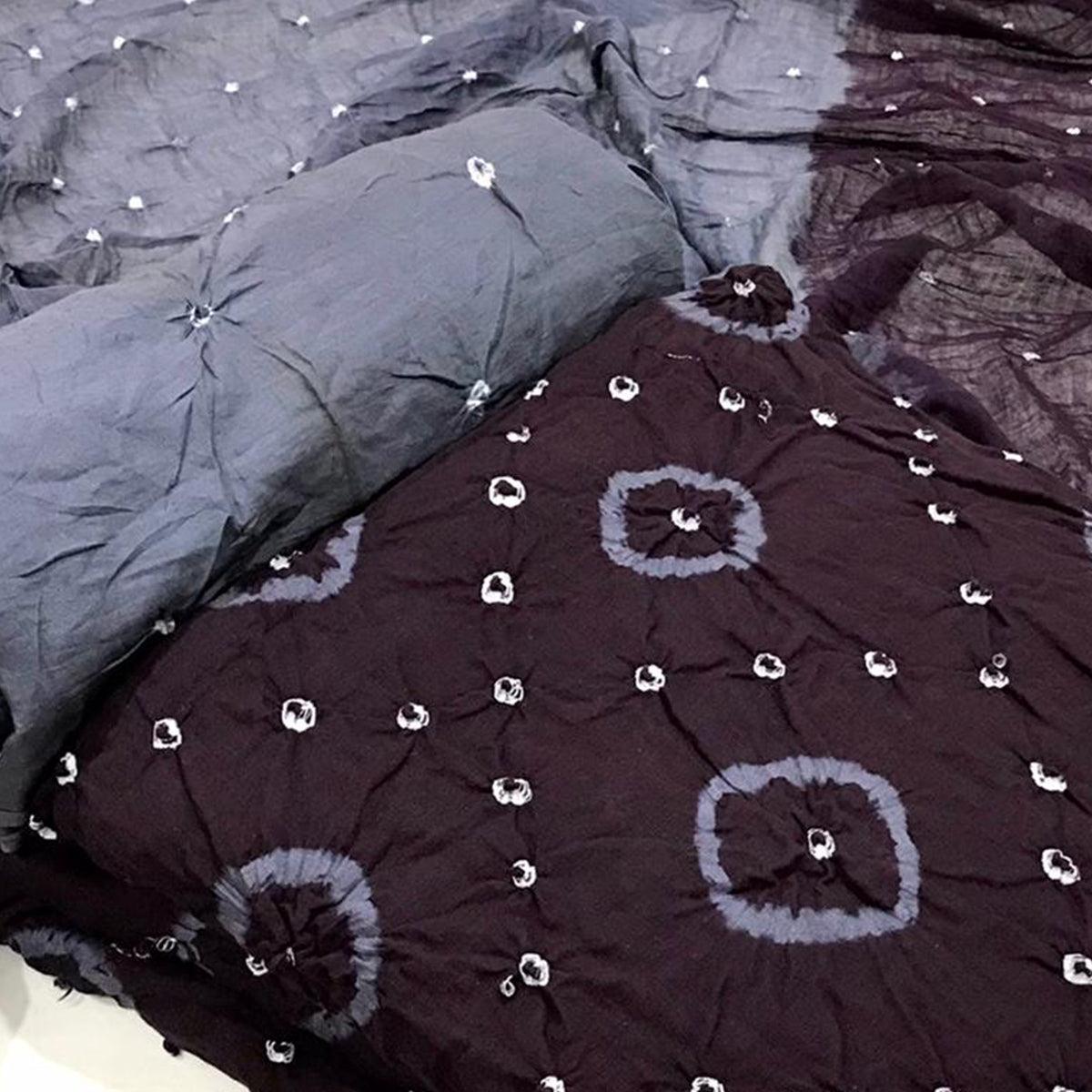 Black Bandhani Printed Pure Cotton Dress Material - Peachmode