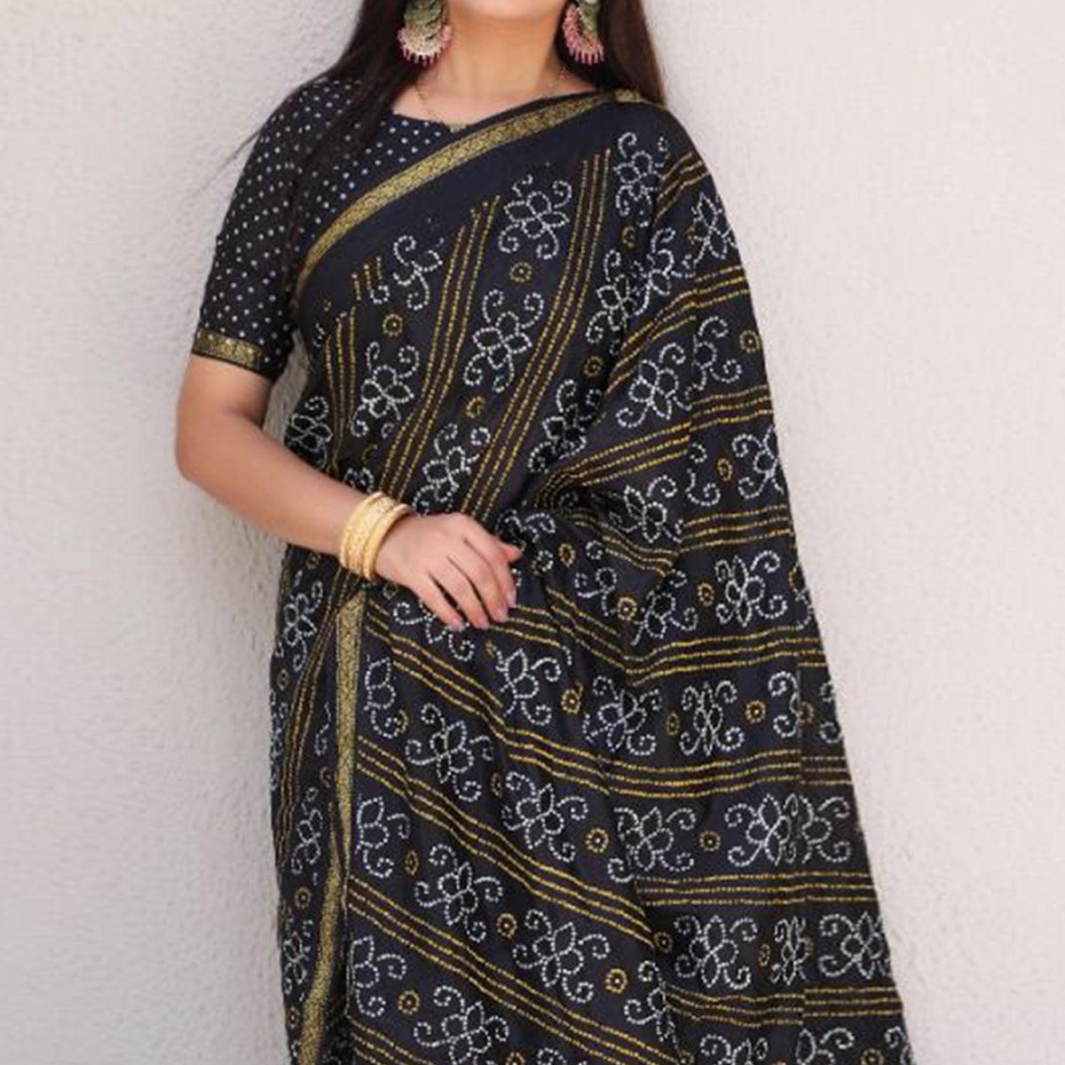 Black Bandhani Printed With Woven Border Tapetta Silk Saree - Peachmode