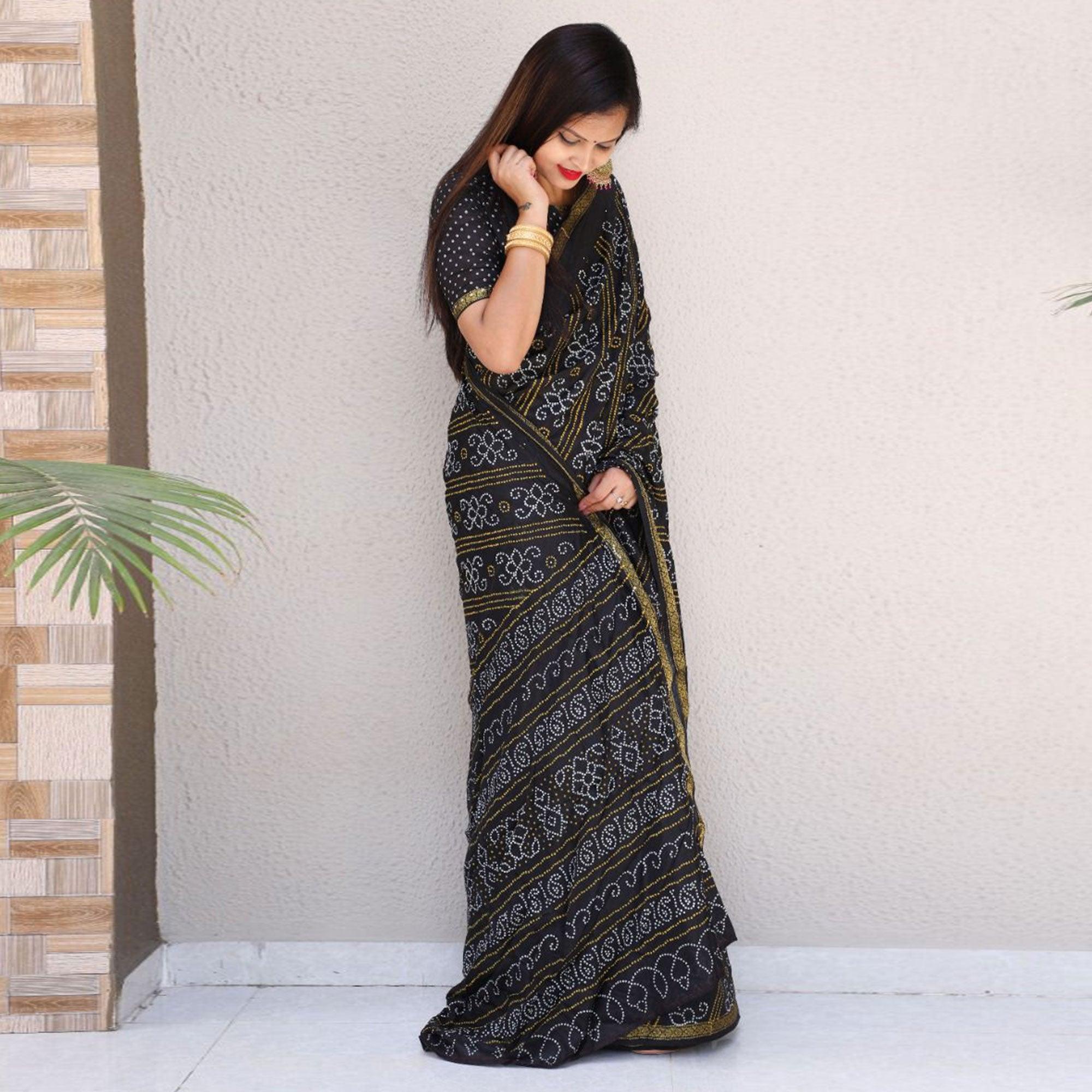 Black Bandhani Printed With Woven Border Tapetta Silk Saree - Peachmode