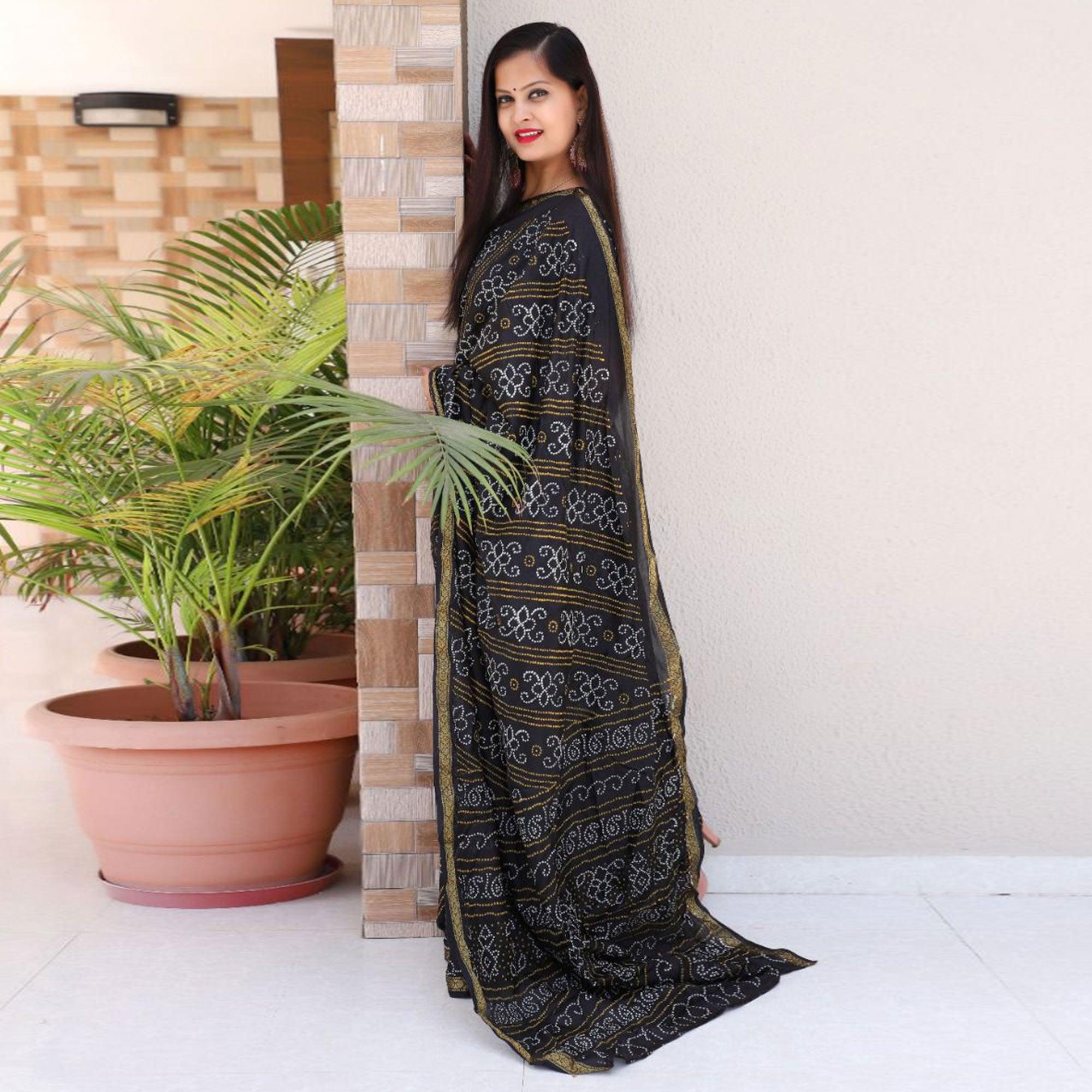 Black Bandhani Printed With Woven Border Tapetta Silk Saree - Peachmode