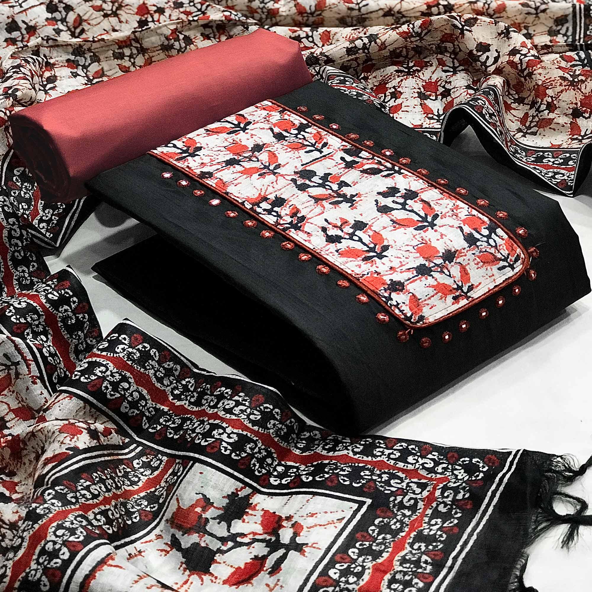 Black Batik Printed Art Silk Dress Material - Peachmode