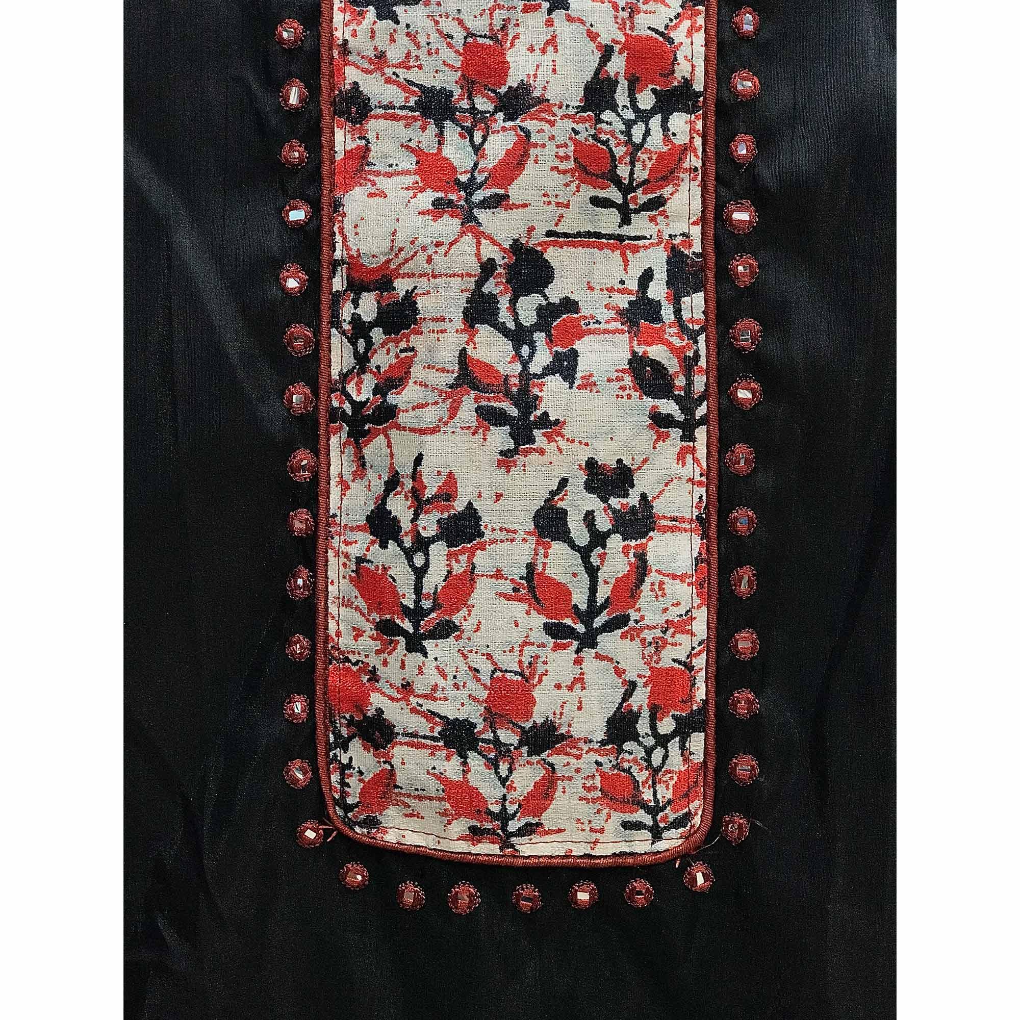 Black Batik Printed Art Silk Dress Material - Peachmode
