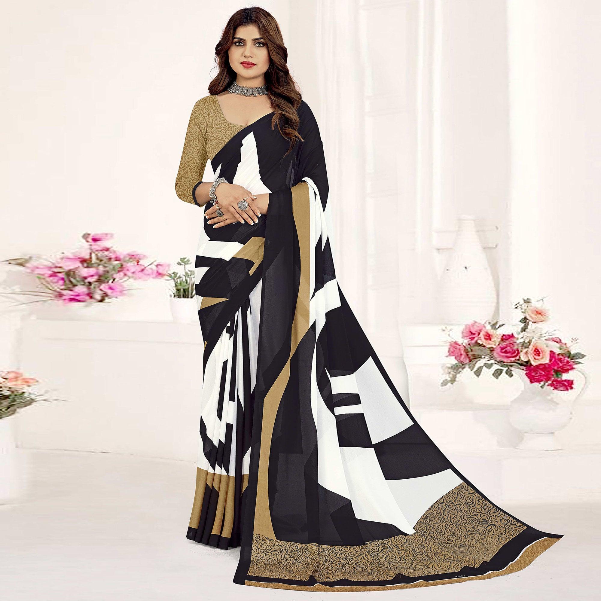 Black-Beige Geometric Printed Georgette Saree - Peachmode