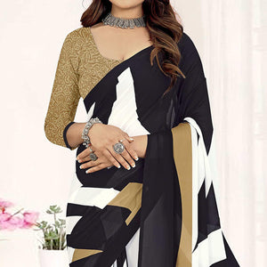 Black-Beige Geometric Printed Georgette Saree - Peachmode