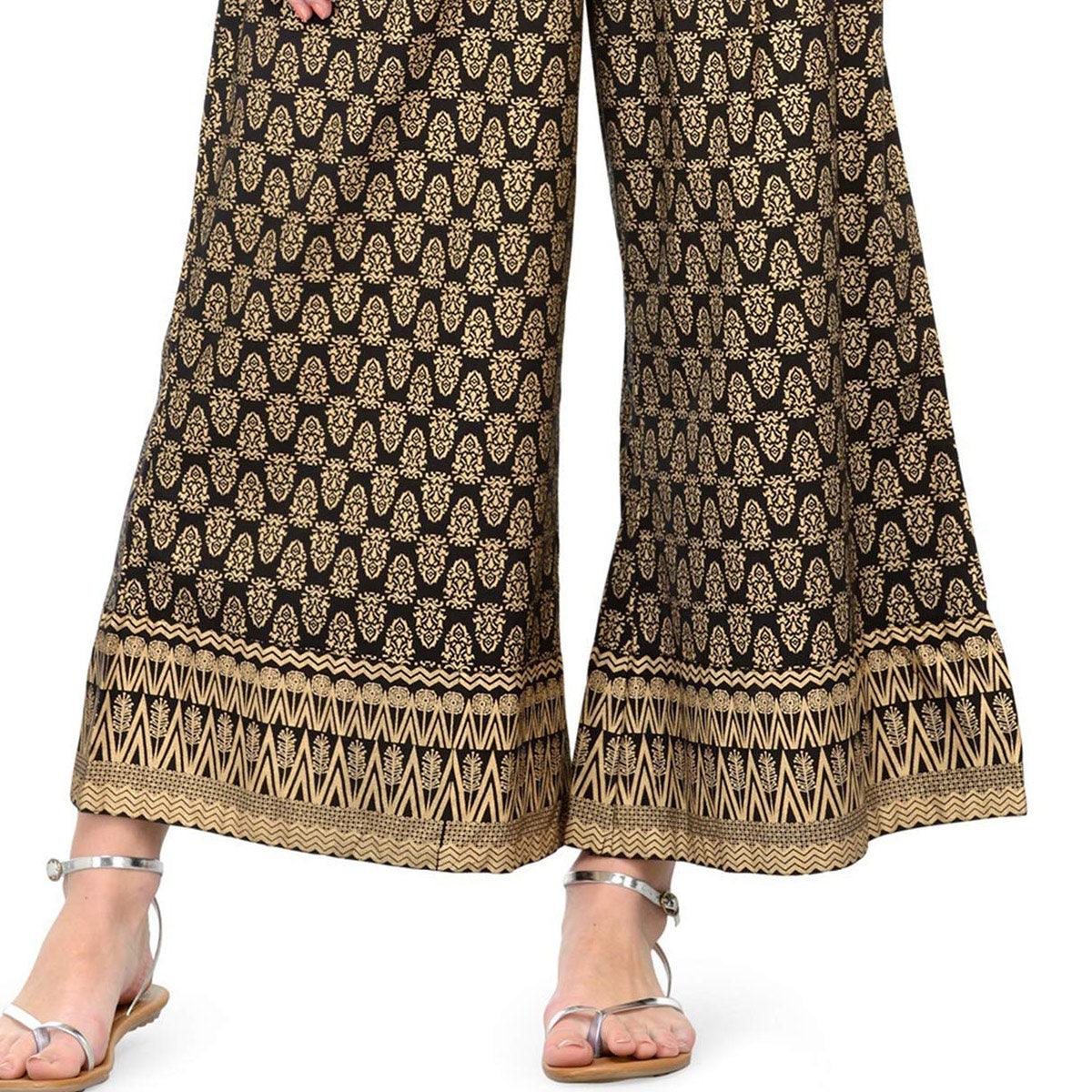 Black - Beige Printed Poly Cotton Palazzo - Peachmode