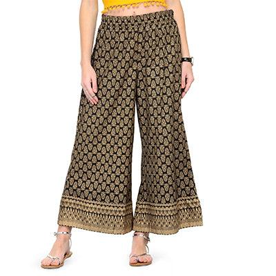 Black - Beige Printed Poly Cotton Palazzo - Peachmode