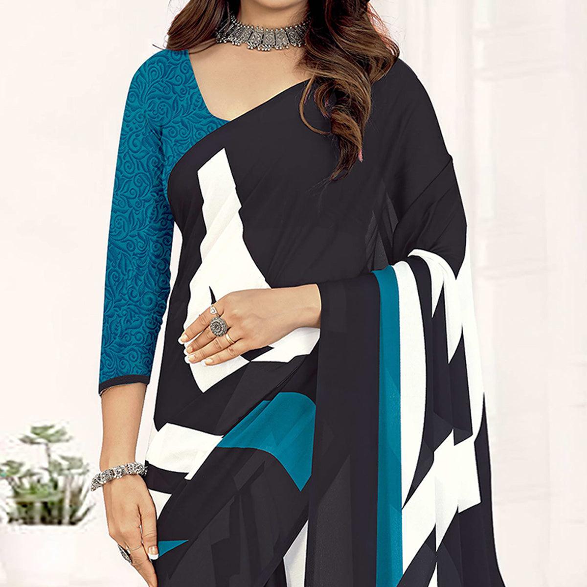 Black-Blue Geometric Printed Georgette Saree - Peachmode