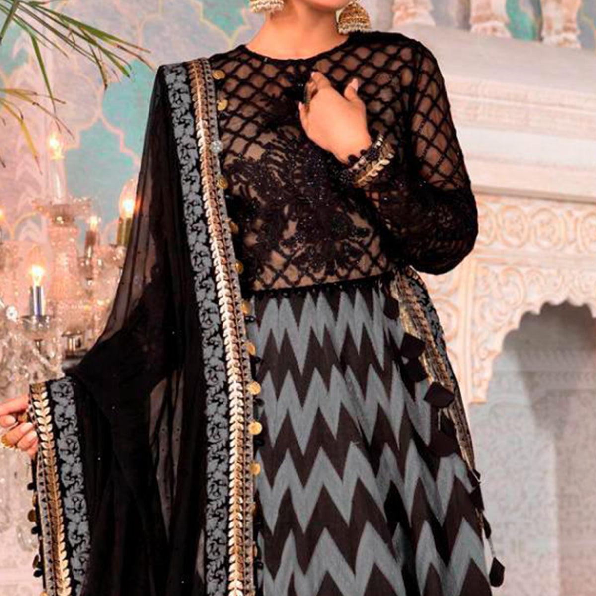 Black - Blue Partywear Digital Printed Heavy Georgette Pakistani Style Suit - Peachmode