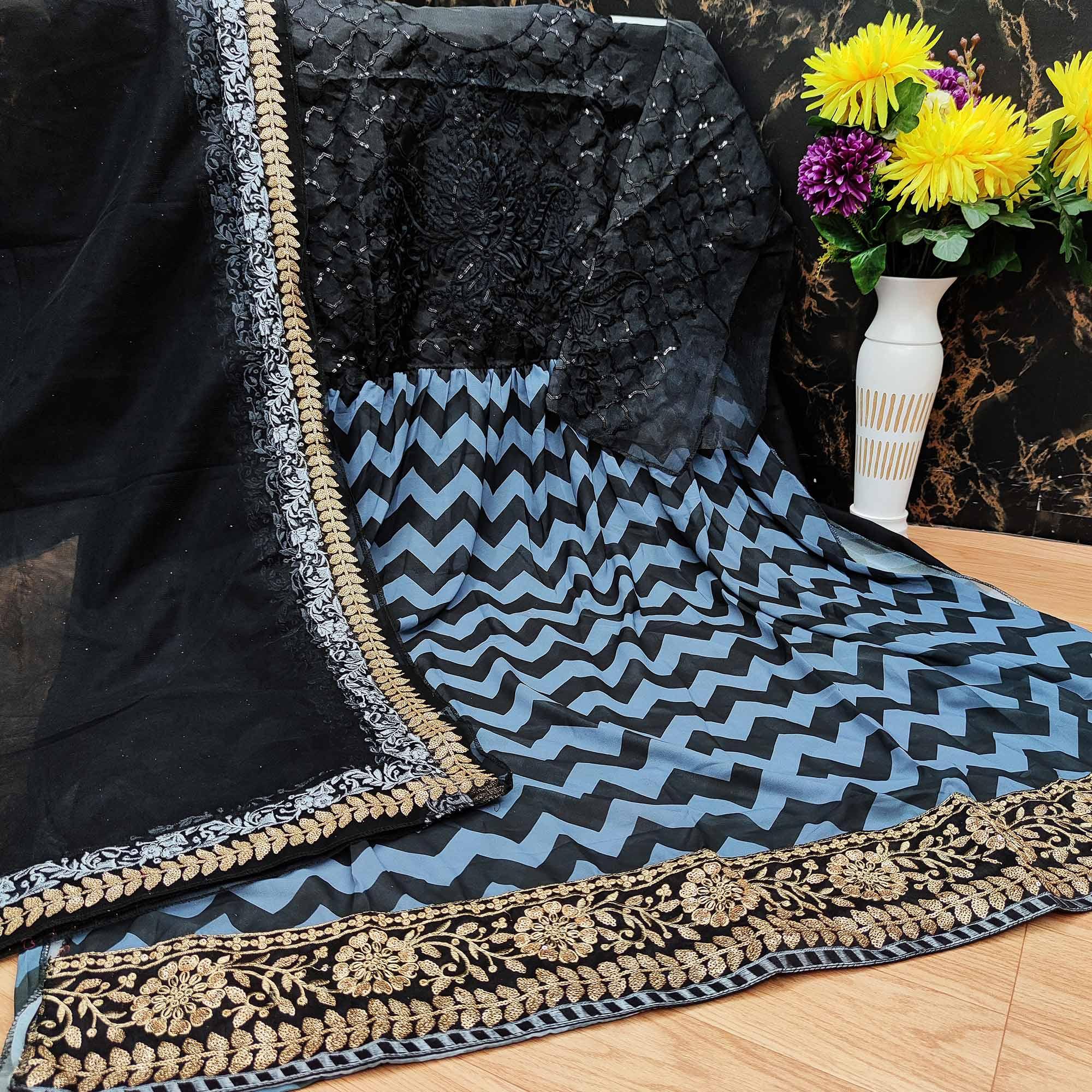 Black - Blue Partywear Digital Printed Heavy Georgette Pakistani Style Suit - Peachmode