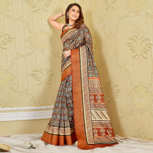 Black-Brown Printed Cotton Saree - Peachmode