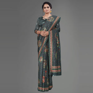 Black Casual Art Silk Printed Saree With Unstitched Blouse - Peachmode