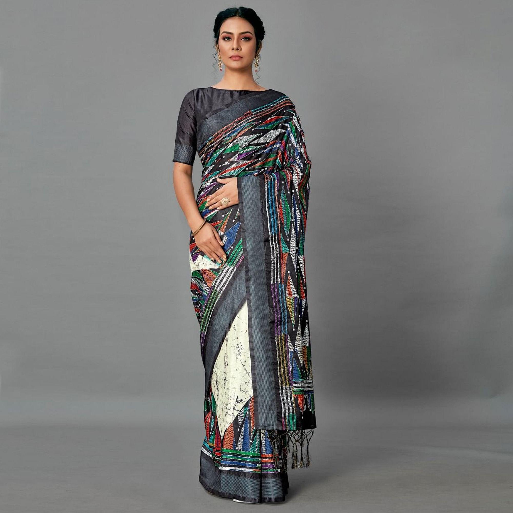 Black Casual Art Silk Printed Saree With Unstitched Blouse - Peachmode