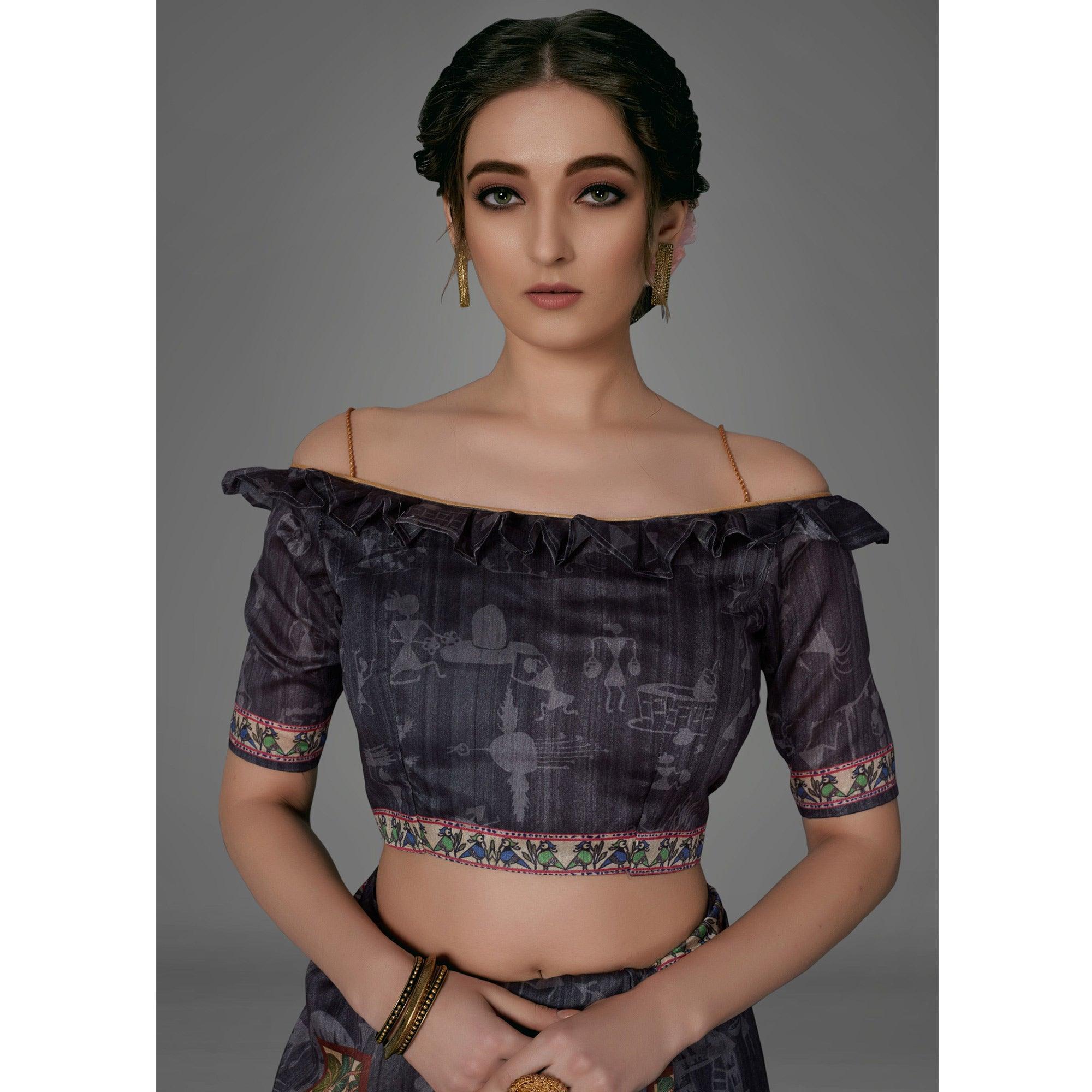 Black Casual Art Silk Printed Saree With Unstitched Blouse - Peachmode