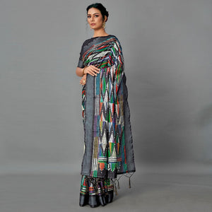 Black Casual Art Silk Printed Saree With Unstitched Blouse - Peachmode