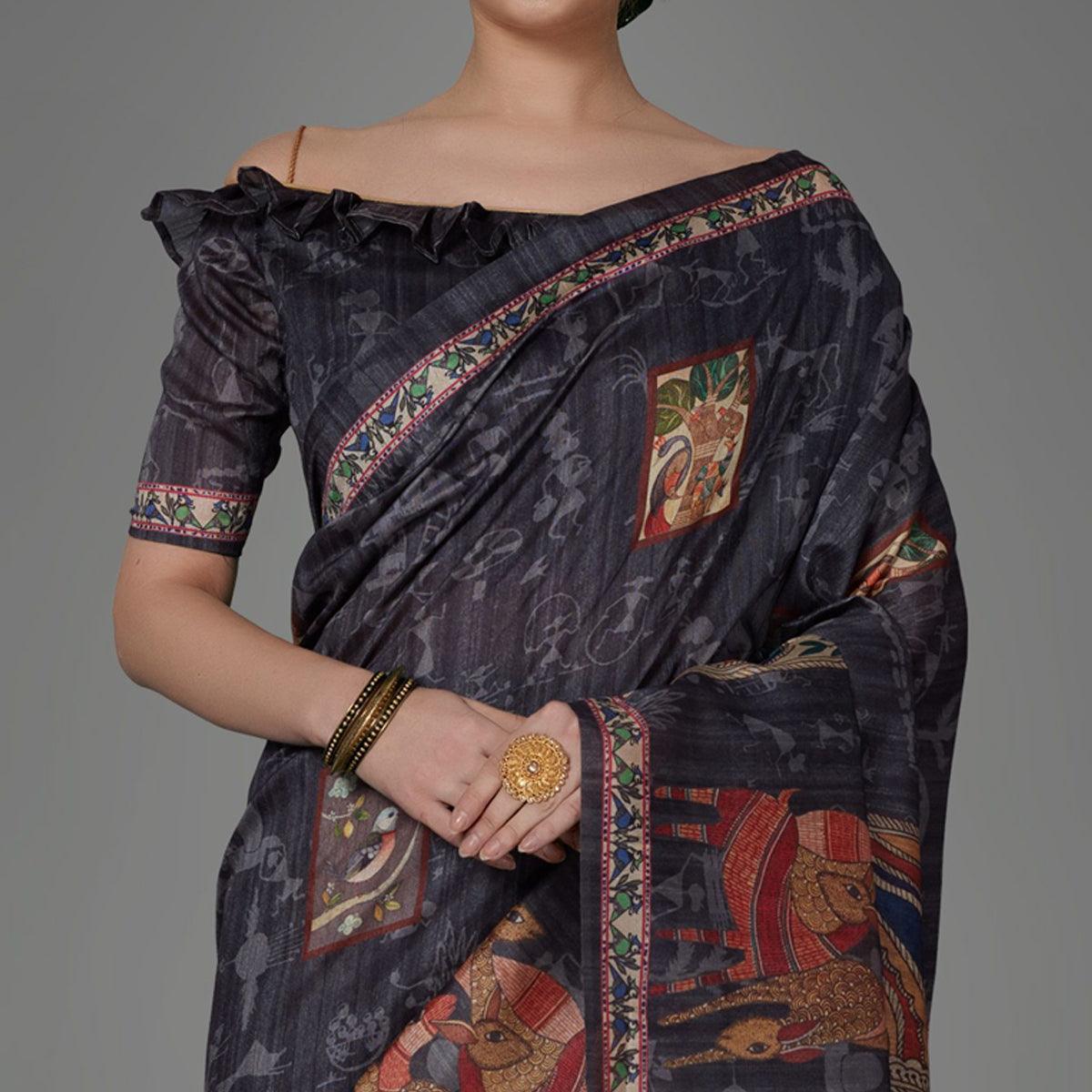 Black Casual Art Silk Printed Saree With Unstitched Blouse - Peachmode