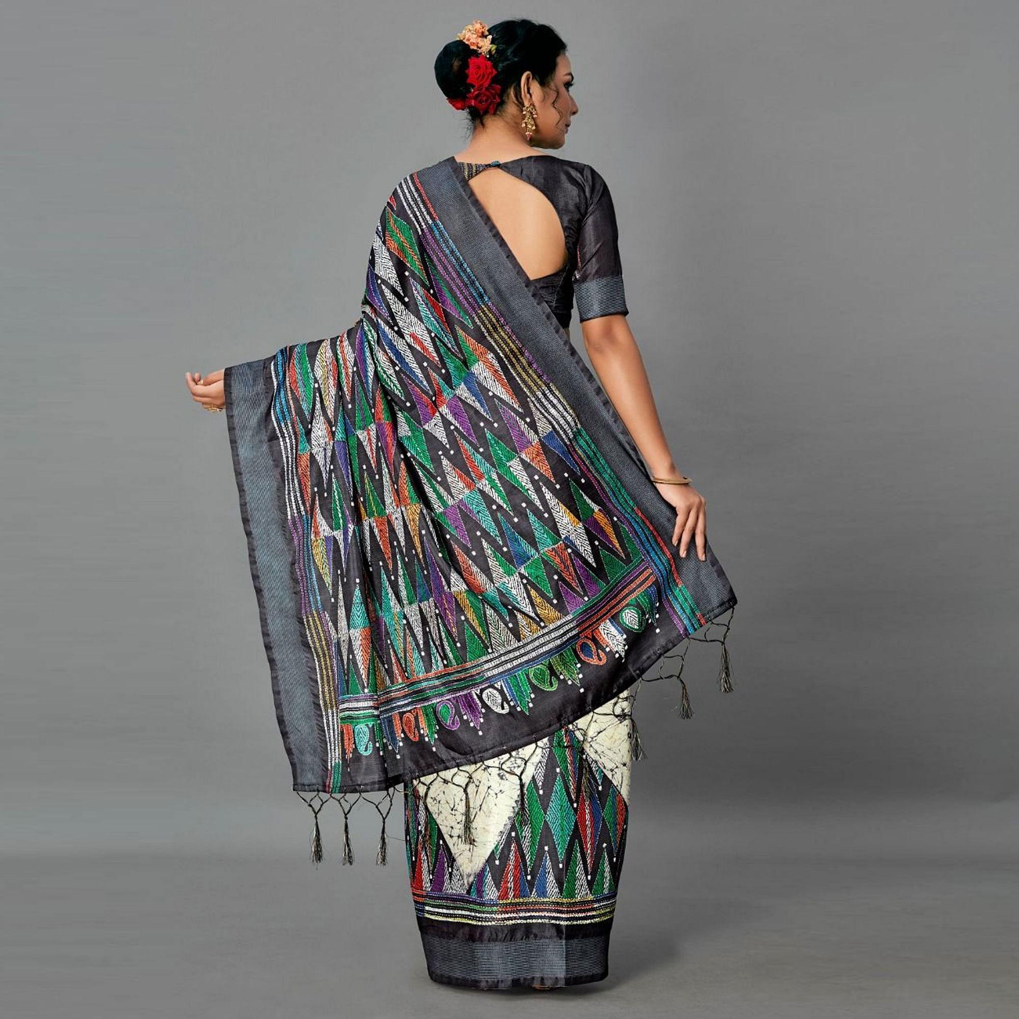 Black Casual Art Silk Printed Saree With Unstitched Blouse - Peachmode