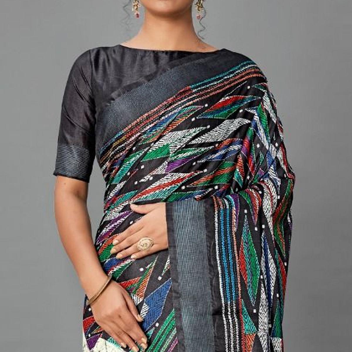 Black Casual Art Silk Printed Saree With Unstitched Blouse - Peachmode