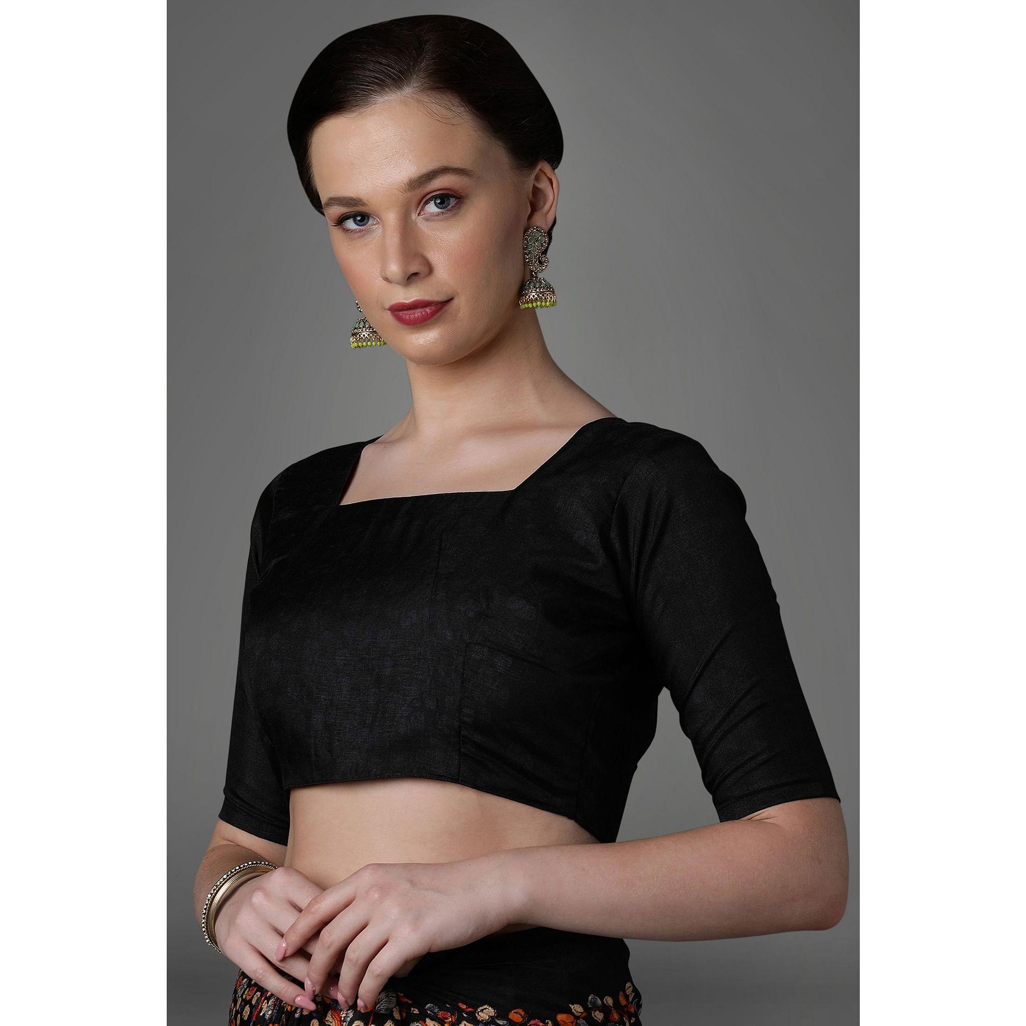 Black Casual Art Silk Printed Saree With Unstitched Blouse - Peachmode