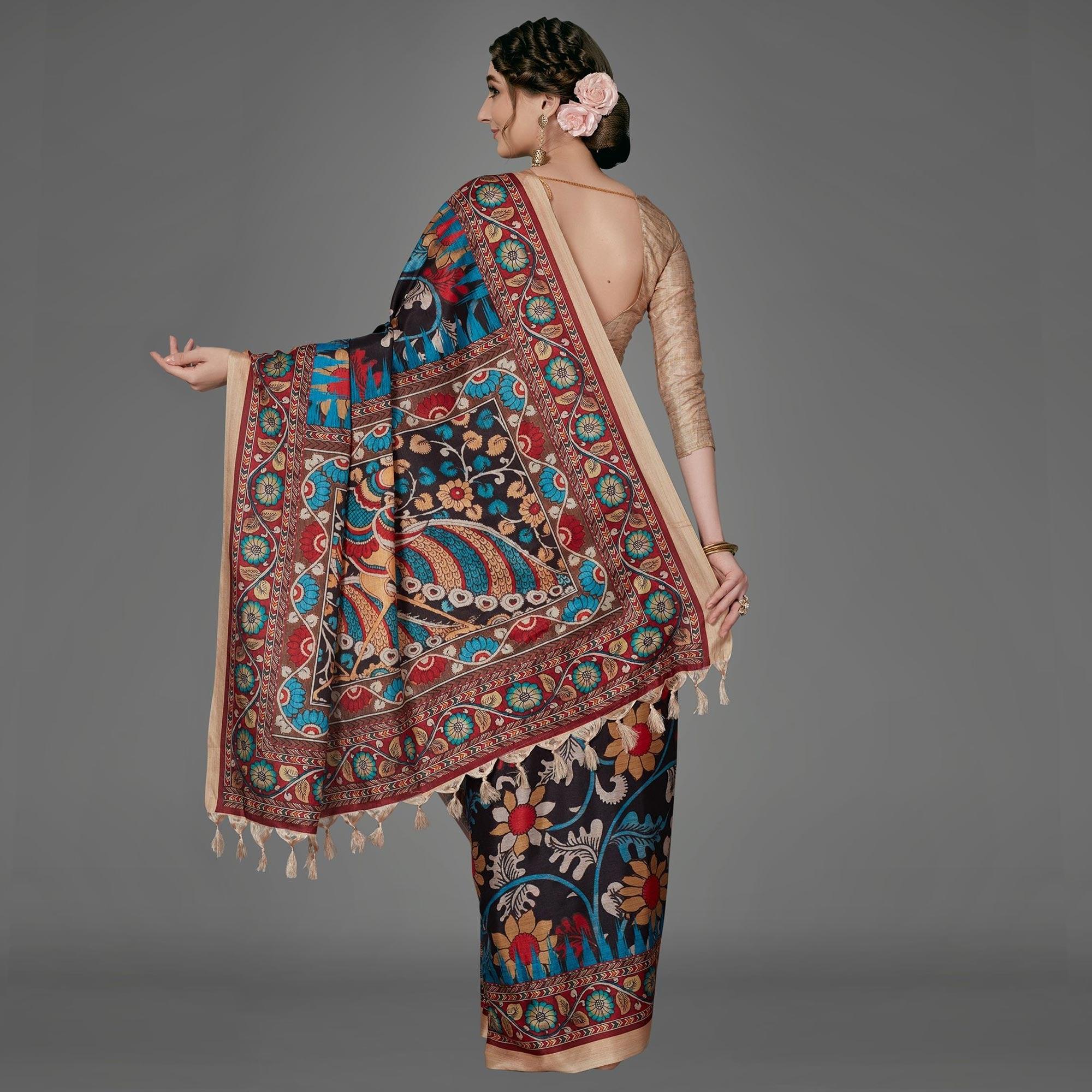 Black Casual Art Silk Printed Saree With Unstitched Blouse - Peachmode