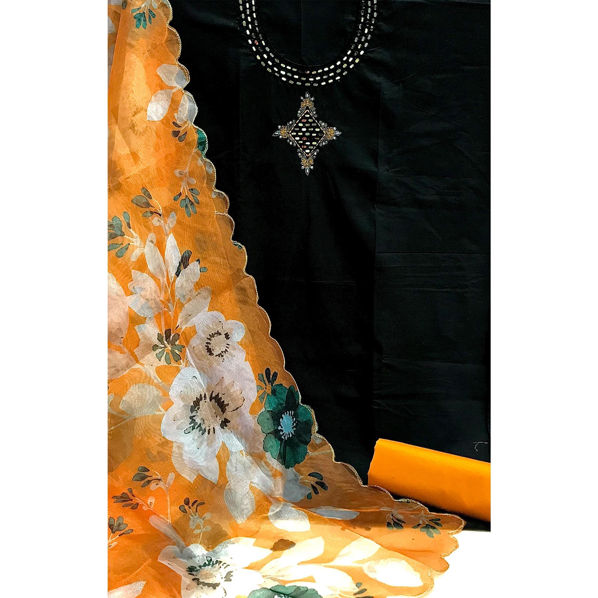 Black Casual Embroidered Thread & Mirror Work Cotton Dress Material - Peachmode