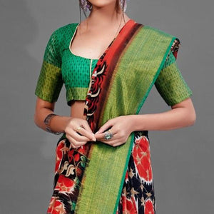 Black Casual Linen Printed Saree With Unstitched Blouse - Peachmode