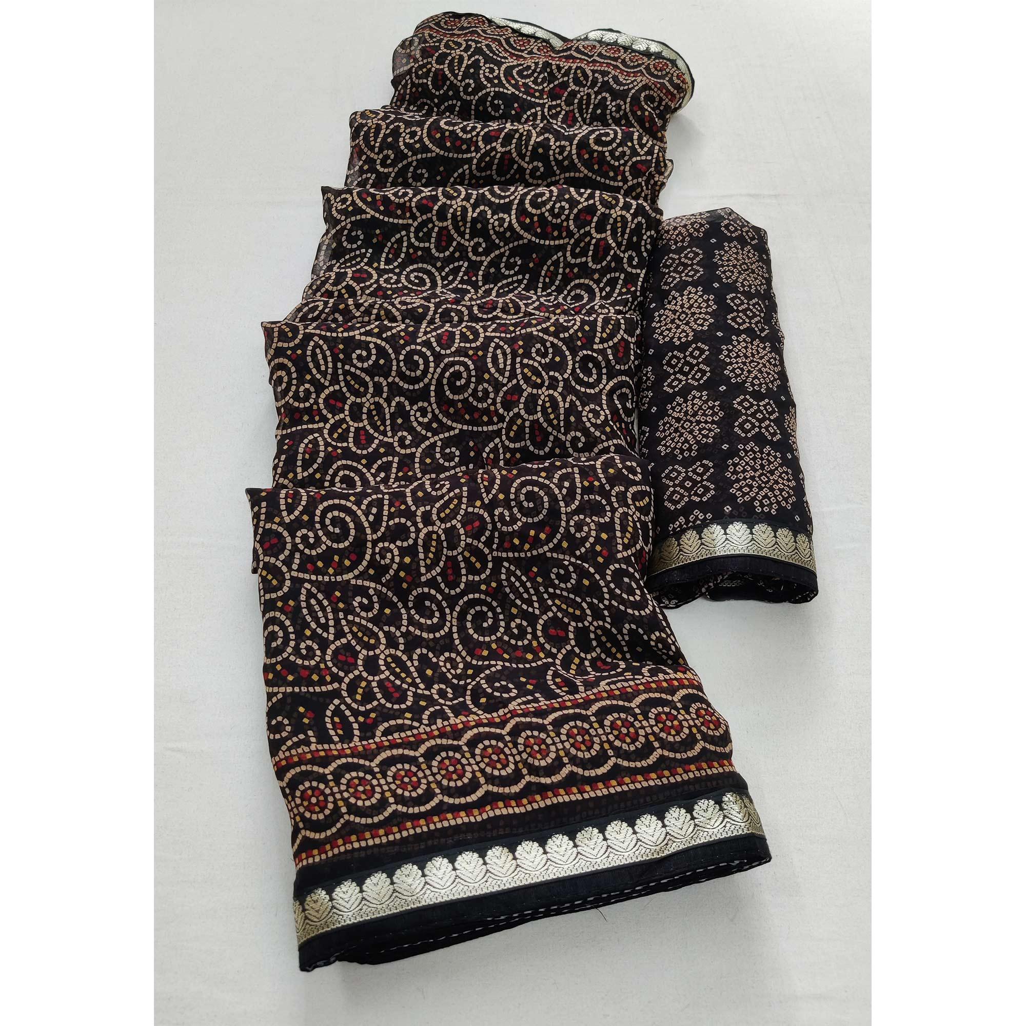 Black Casual Wear Bandhani Printed Soft Georgette Saree With Fancy Border - Peachmode