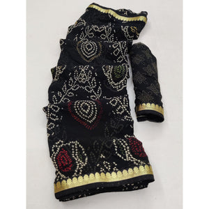 Black Casual Wear Bandhani Printed Soft Georgette Saree With Fancy Border - Peachmode