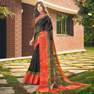 Black Casual Wear Bandhej Printed Kalamkari Silk Saree - Peachmode