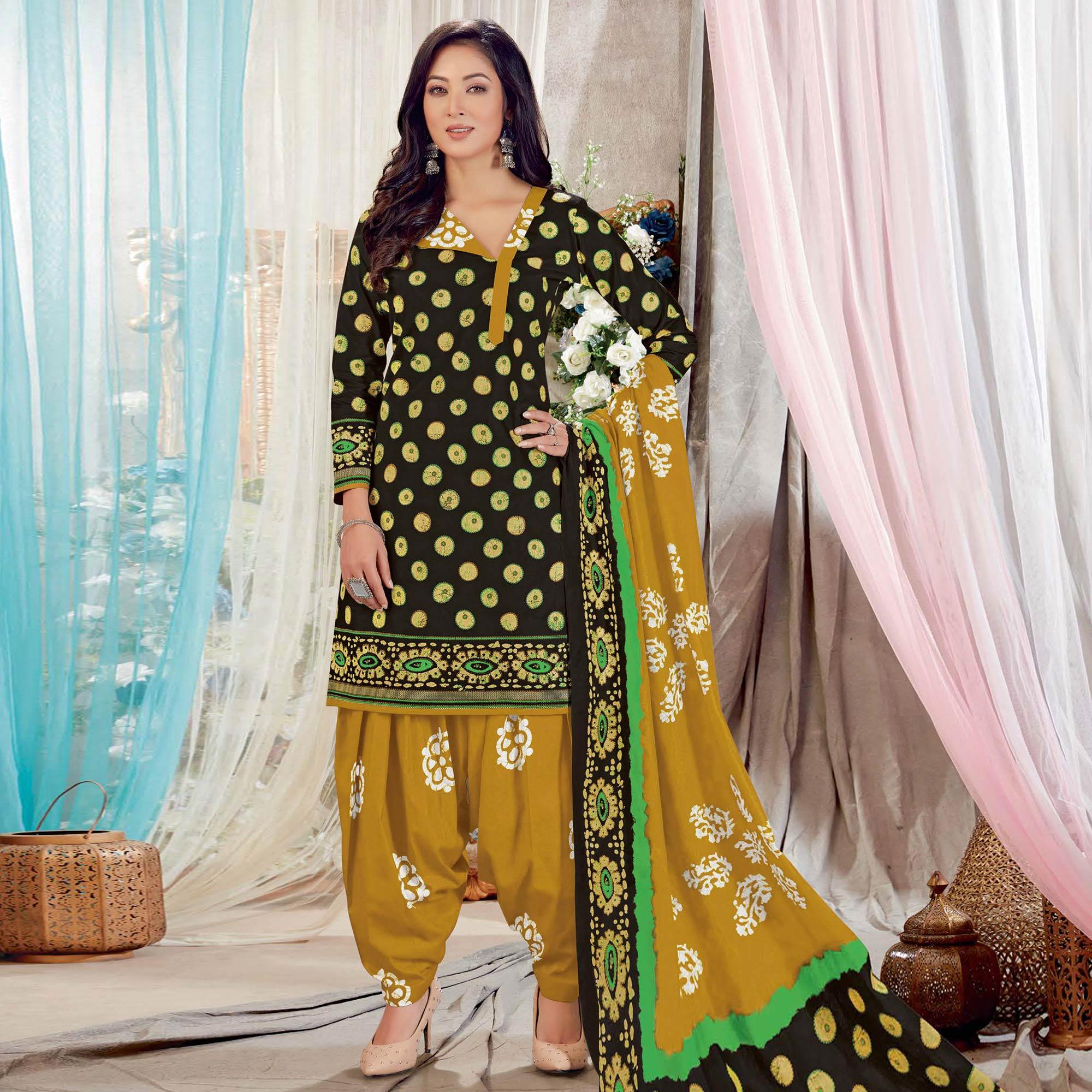 Black Casual Wear Batik Printed Cotton Patiala Dress Material - Peachmode