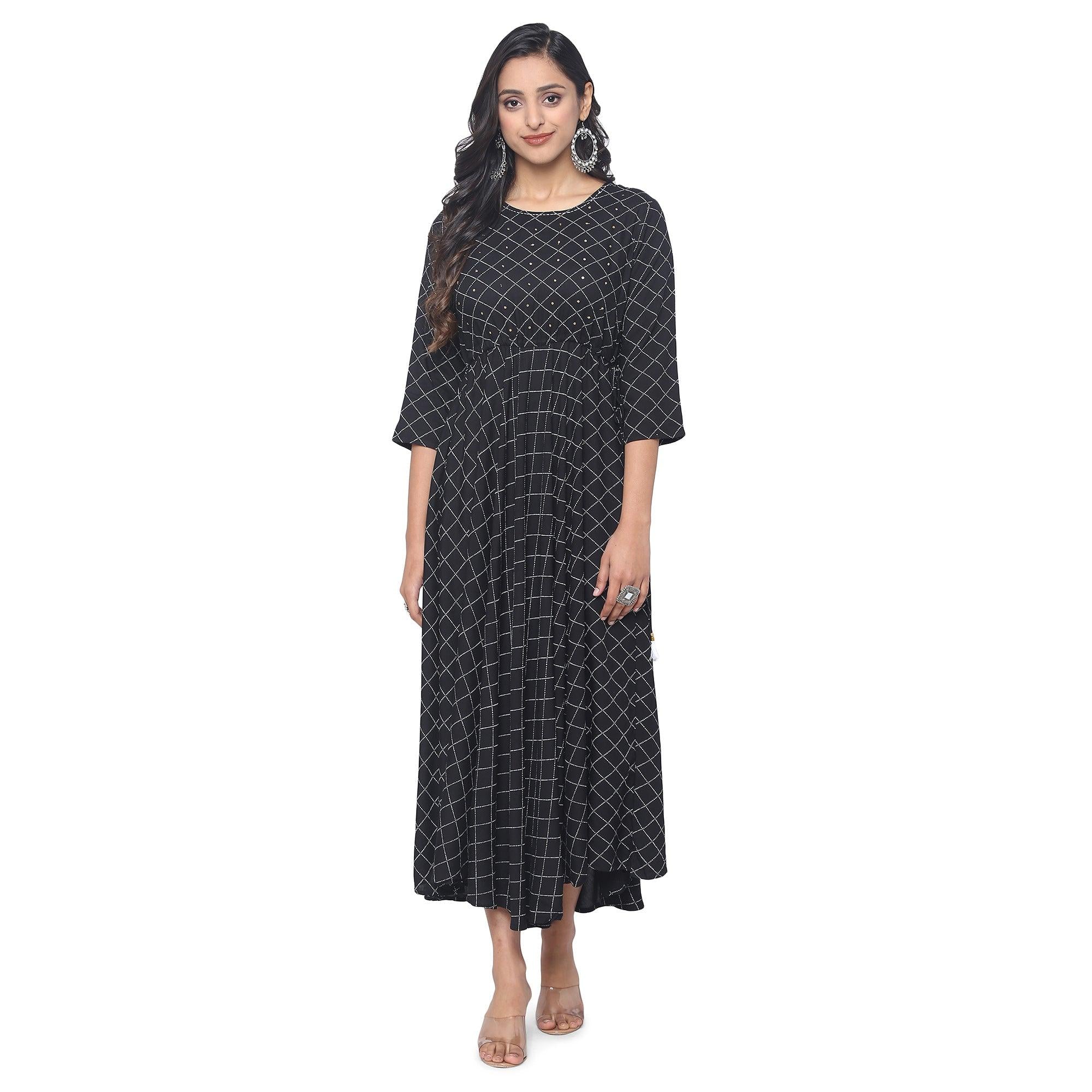 Black Casual Wear Checks Printed Rayon Long Kurti - Peachmode