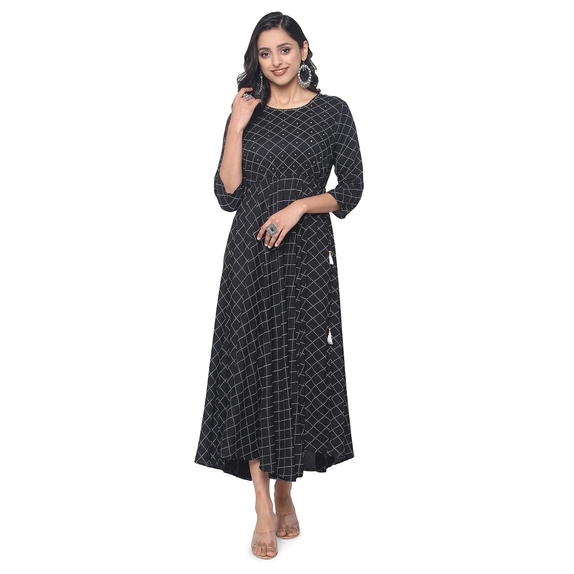 Black Casual Wear Checks Printed Rayon Long Kurti - Peachmode