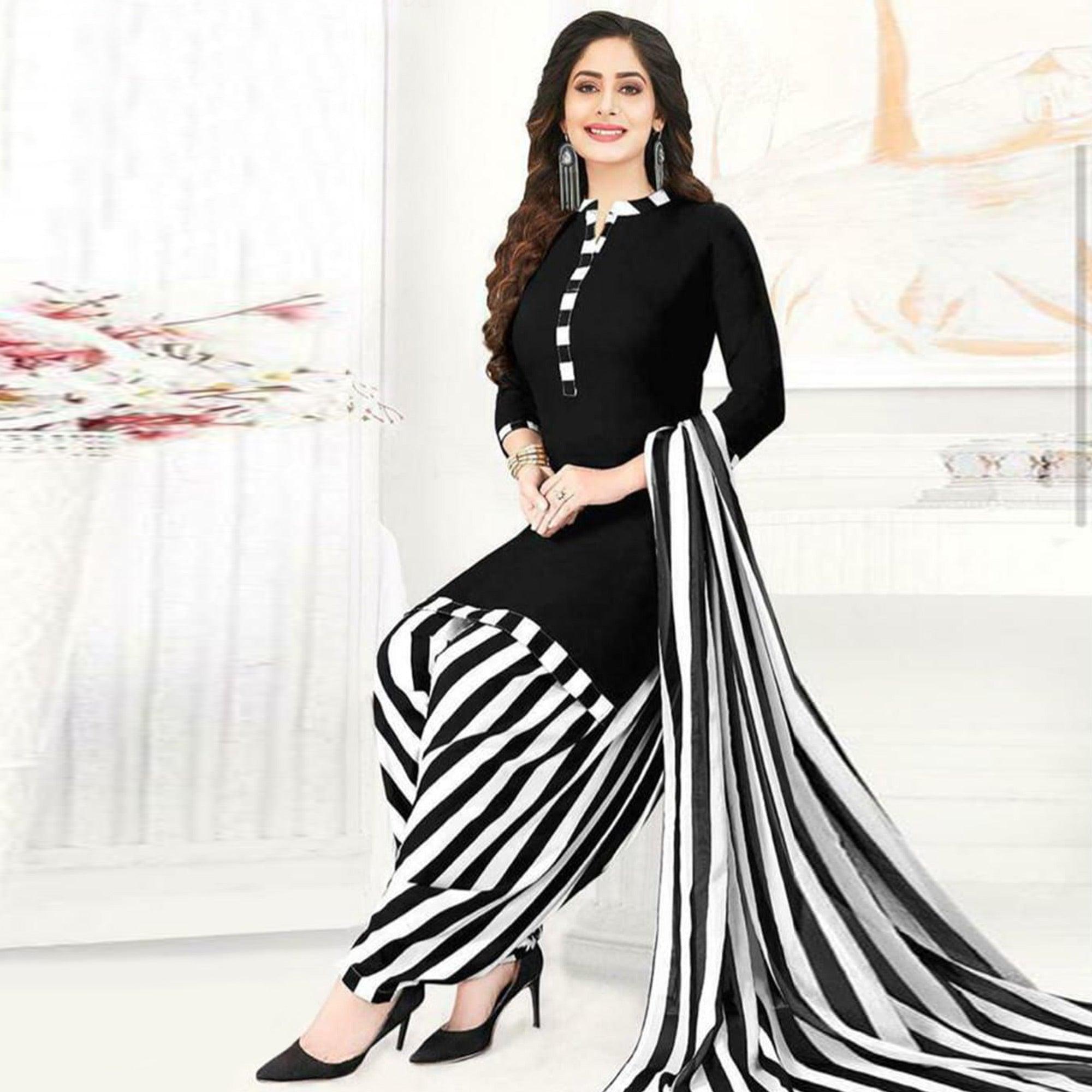 Black Casual Wear Crepe Patiala Dress Material - Peachmode