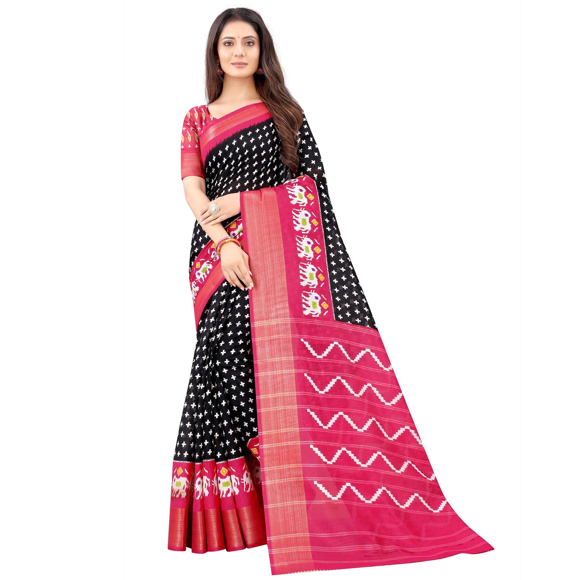 Black Casual Wear Designer Hand Block Printed Cotton Linen Saree - Peachmode