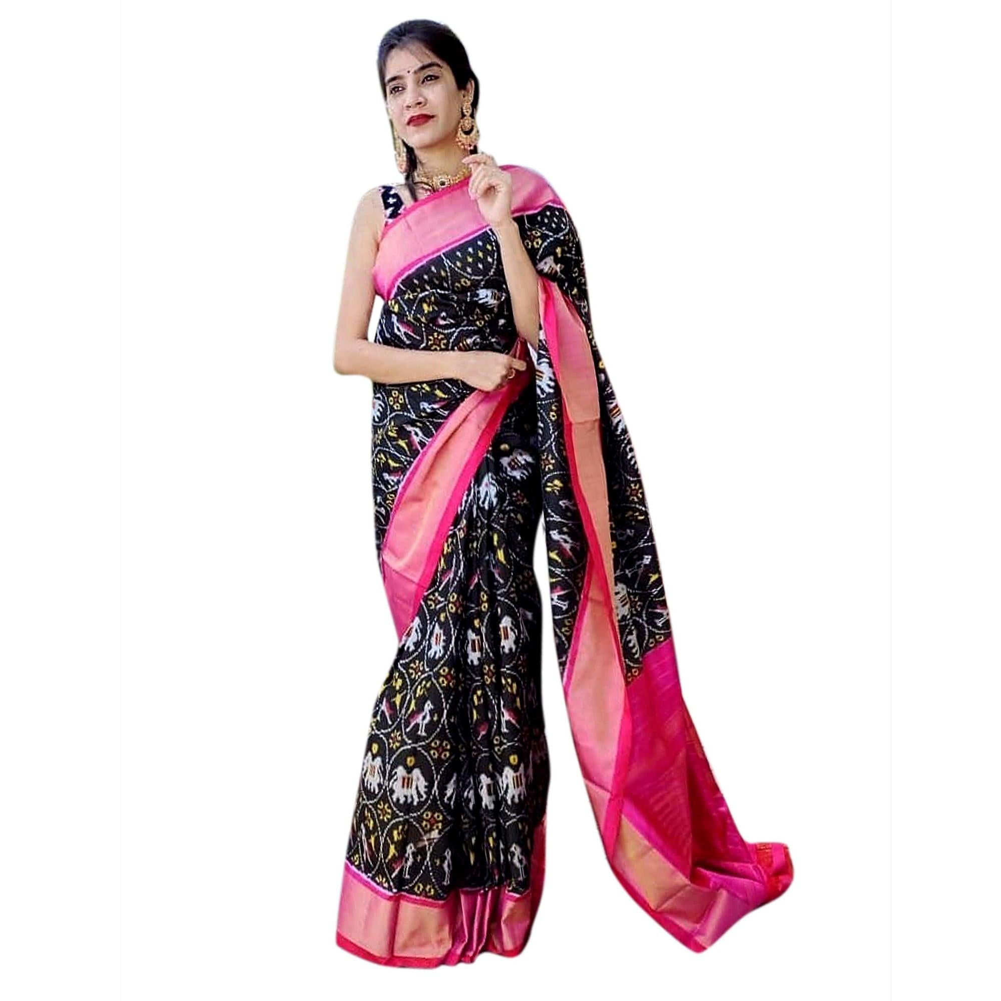 Black Casual Wear Designer Hand Block Printed Cotton Linen Saree - Peachmode