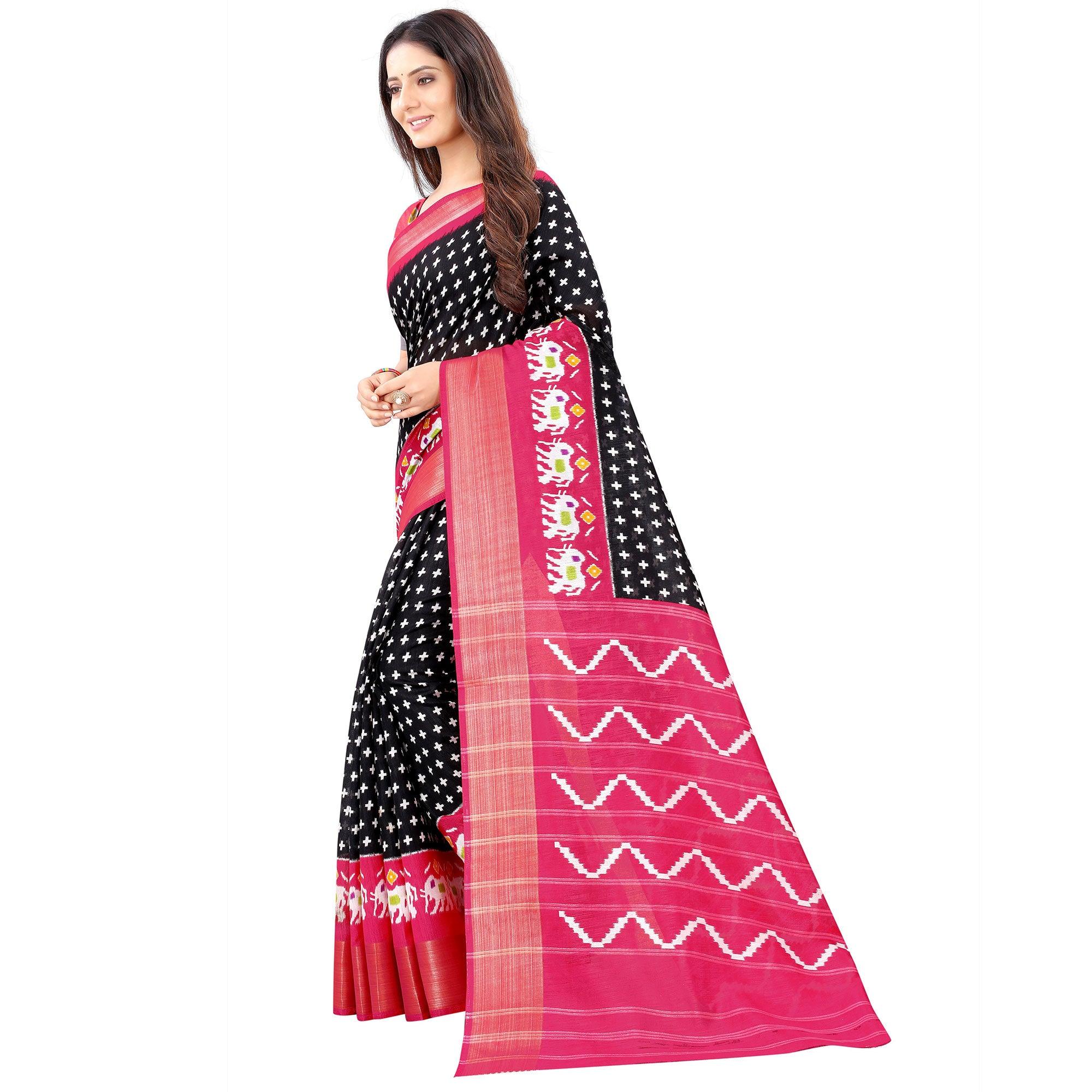 Black Casual Wear Designer Hand Block Printed Cotton Linen Saree - Peachmode