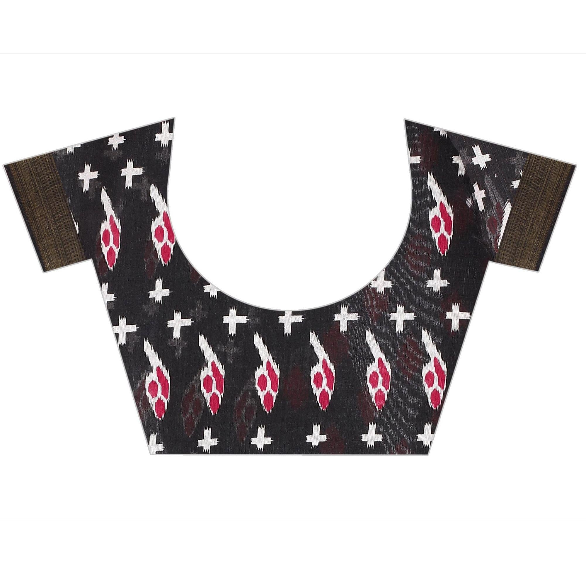 Black Casual Wear Designer Hand Block Printed Cotton Linen Saree - Peachmode