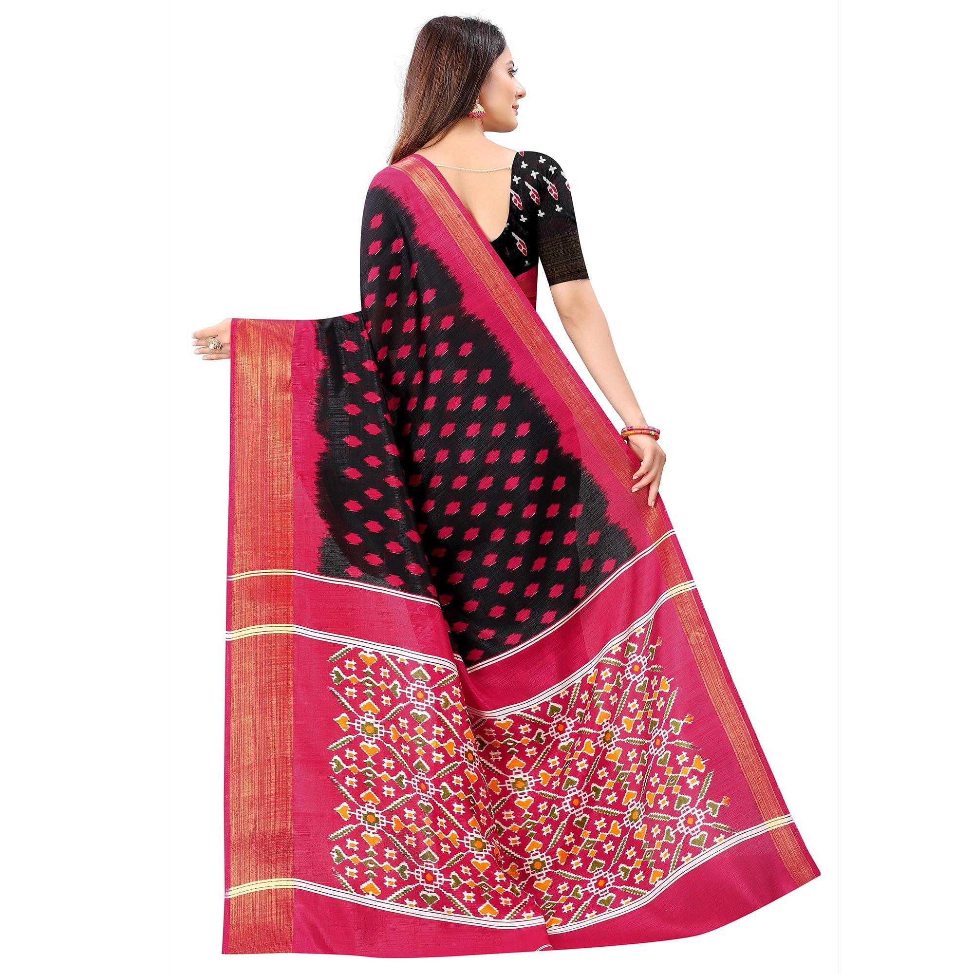 Black Casual Wear Designer Hand Block Printed Cotton Linen Saree - Peachmode