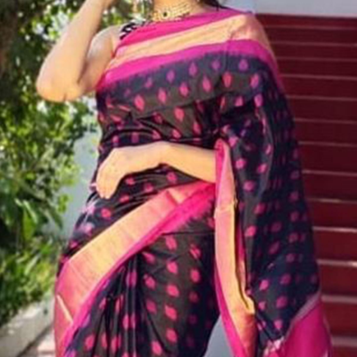 Black Casual Wear Designer Hand Block Printed Cotton Linen Saree - Peachmode