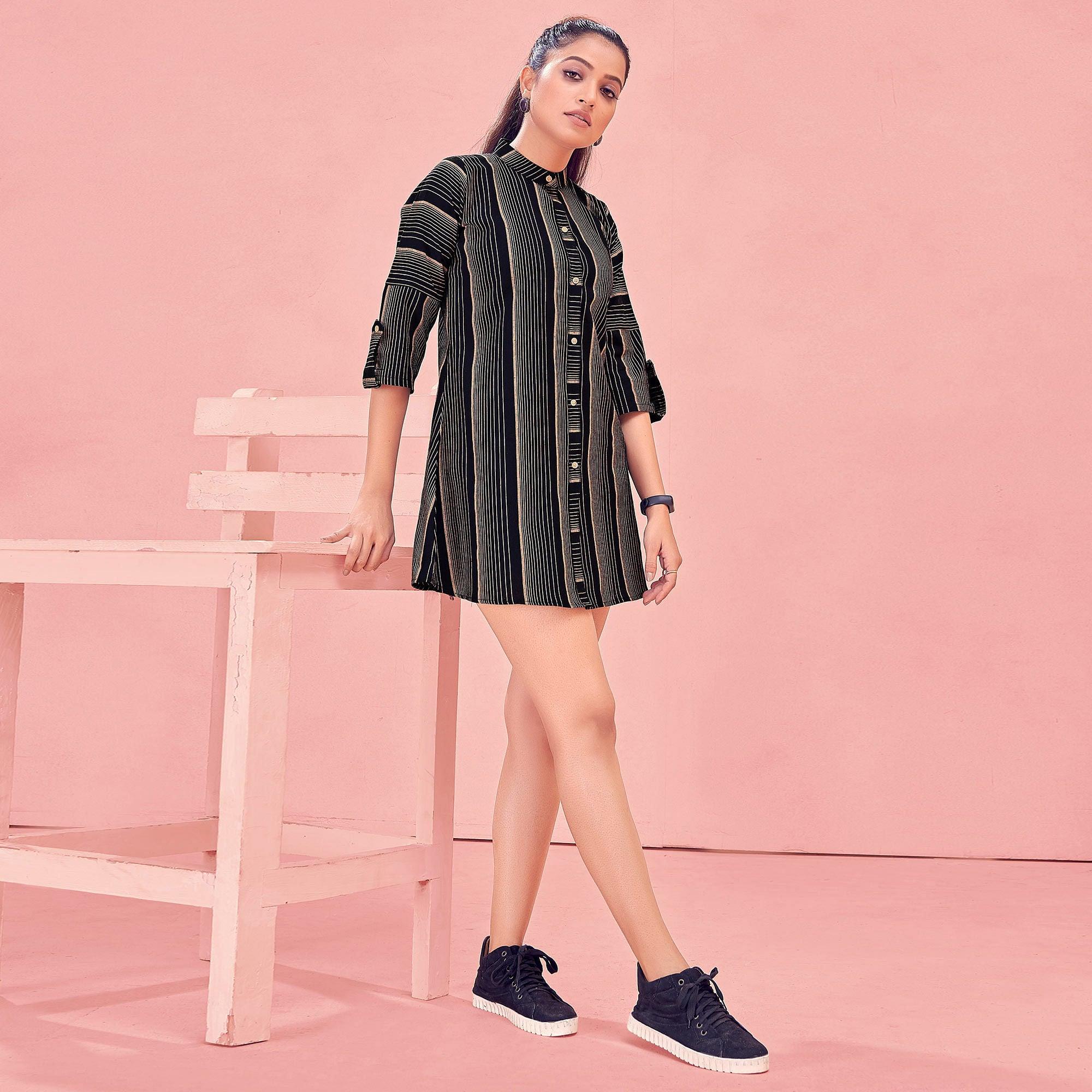 Black Casual Wear Designer Stripes Pure Khadi Western Tunics Shirt - Peachmode